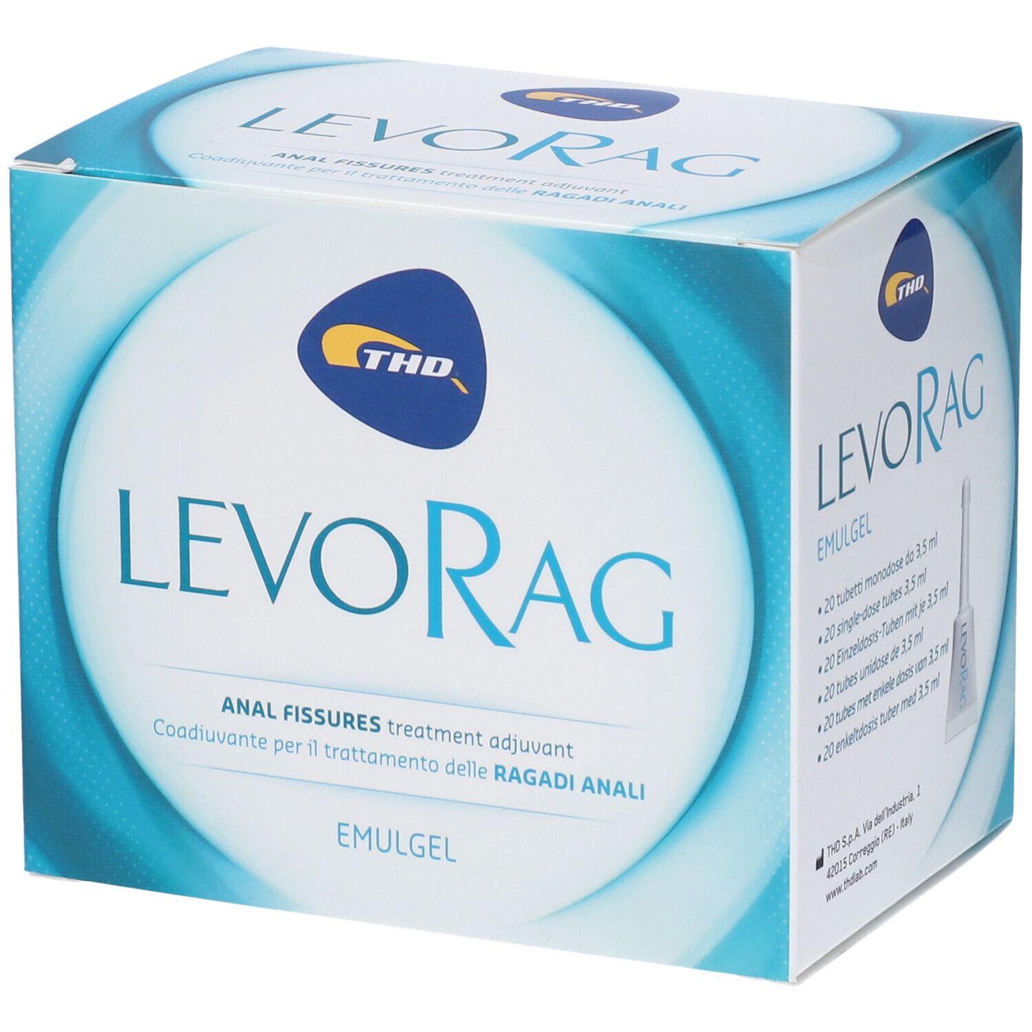 Verpackung für Levorag Emulgel, 20 Einzeldosis-Tuben.