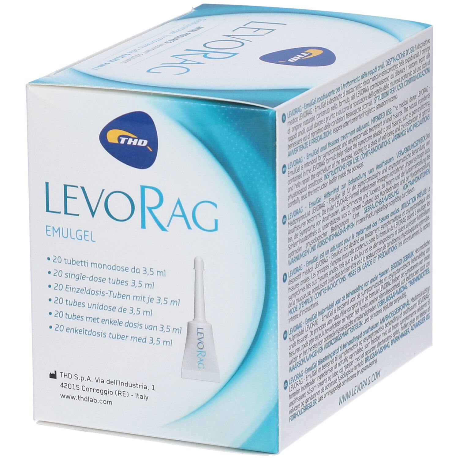 Verpackung für Levorag Emulgel, 20 Einzeldosis-Tuben.