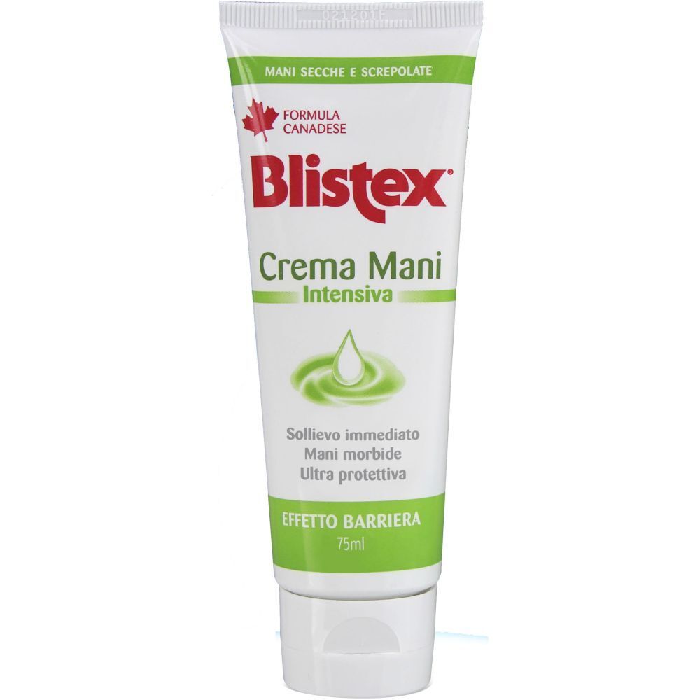 Tubo bianco con dettagli verdi. Scritta 'Blistex Crema Mani Intensiva'. Logo foglia d'acero canadese.