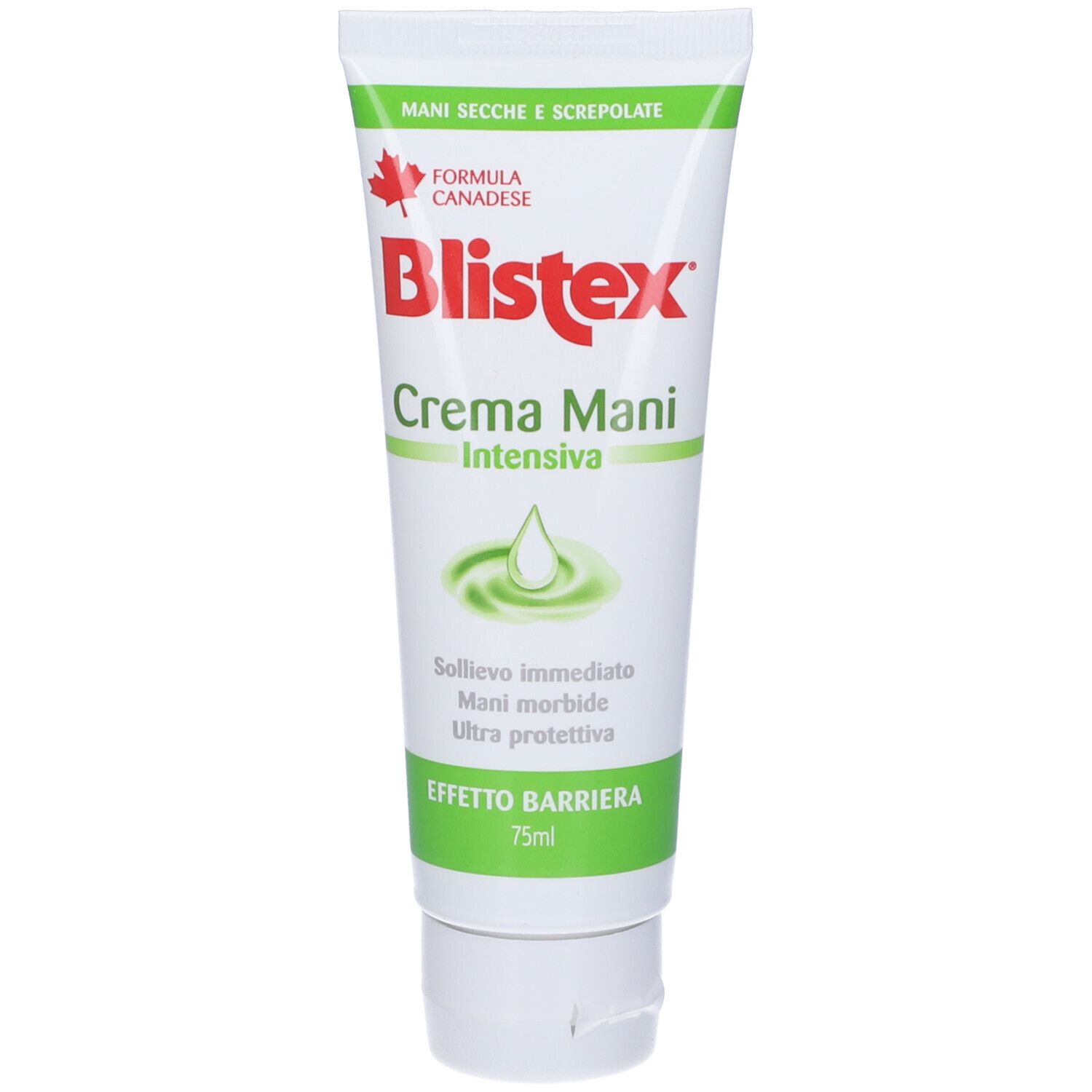 Tubo bianco con dettagli verdi. Scritta 'Blistex Crema Mani Intensiva'. Logo foglia d'acero canadese.