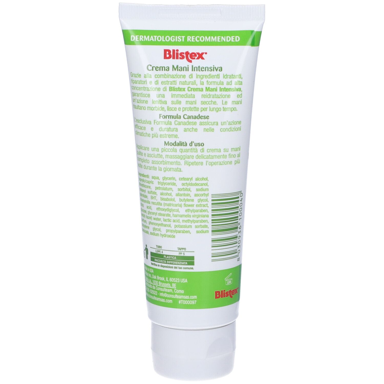 Retro di un tubo. Testo multilingue. 'Dermatologist Recommended'. Ingredienti e istruzioni per l'uso.