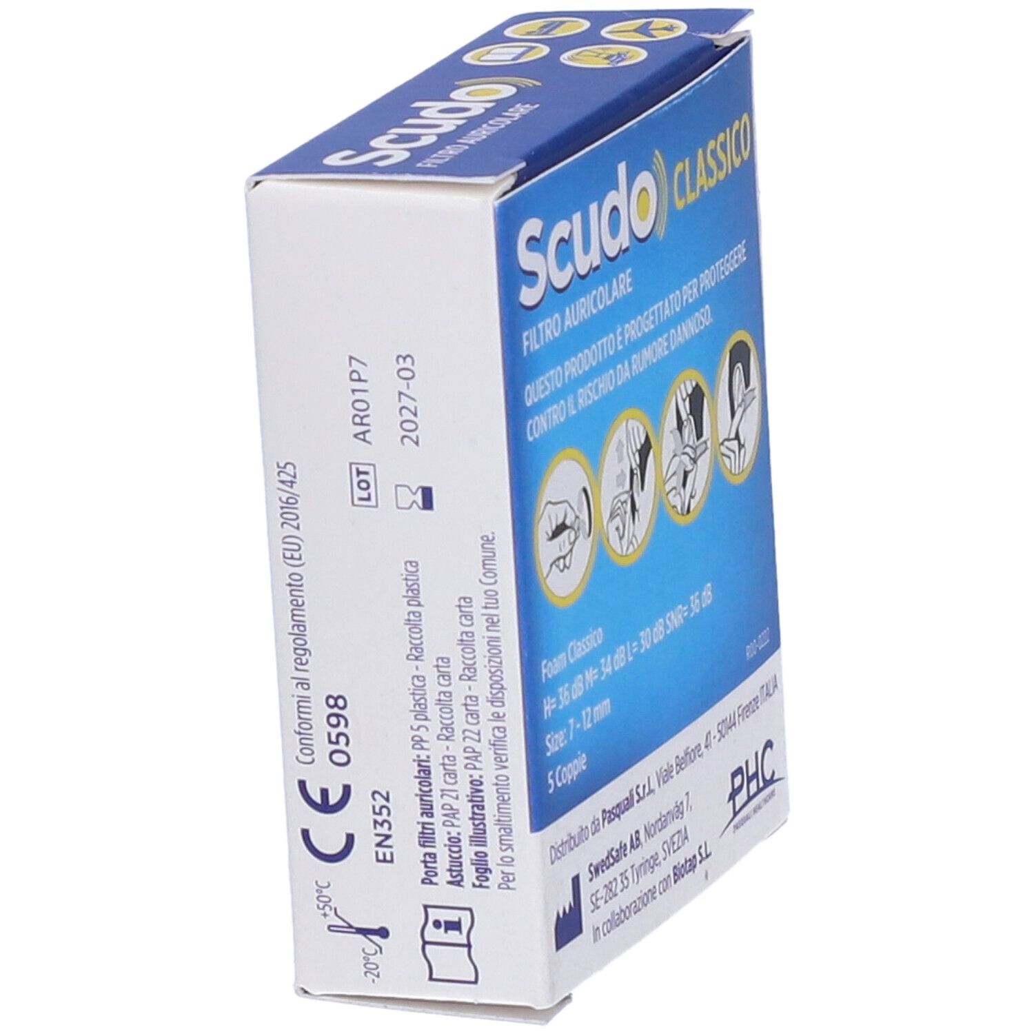 Blaue Schachtel mit gelben Ohrstöpseln. Aufschrift: Scudo, Filtro Auricolare, Classico, SNR 36 dB, 5 Coppie.