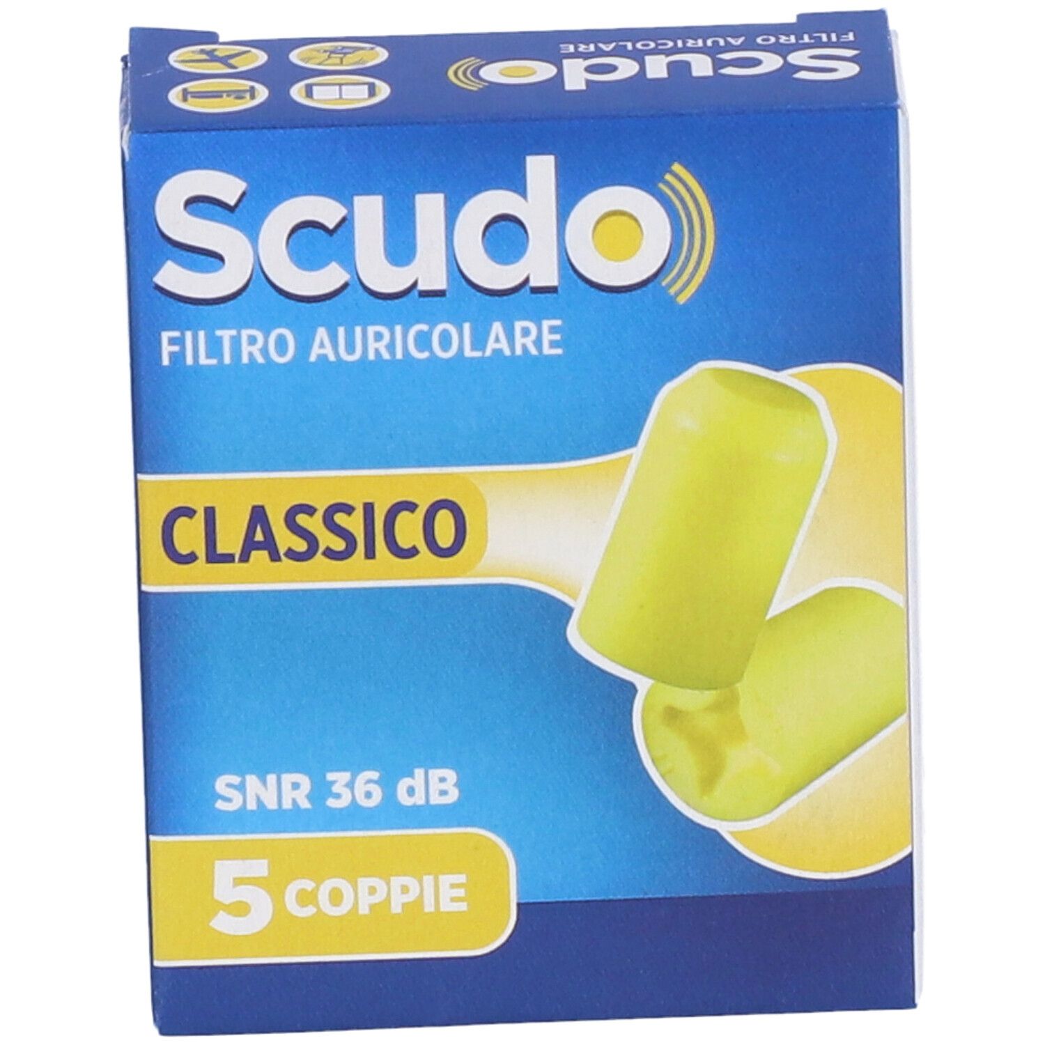 Schachtel mit gelben Ohrstöpseln. Aufschrift: Scudo, Filtro Auricolare, Classico, SNR 36 dB, 5 Coppie.