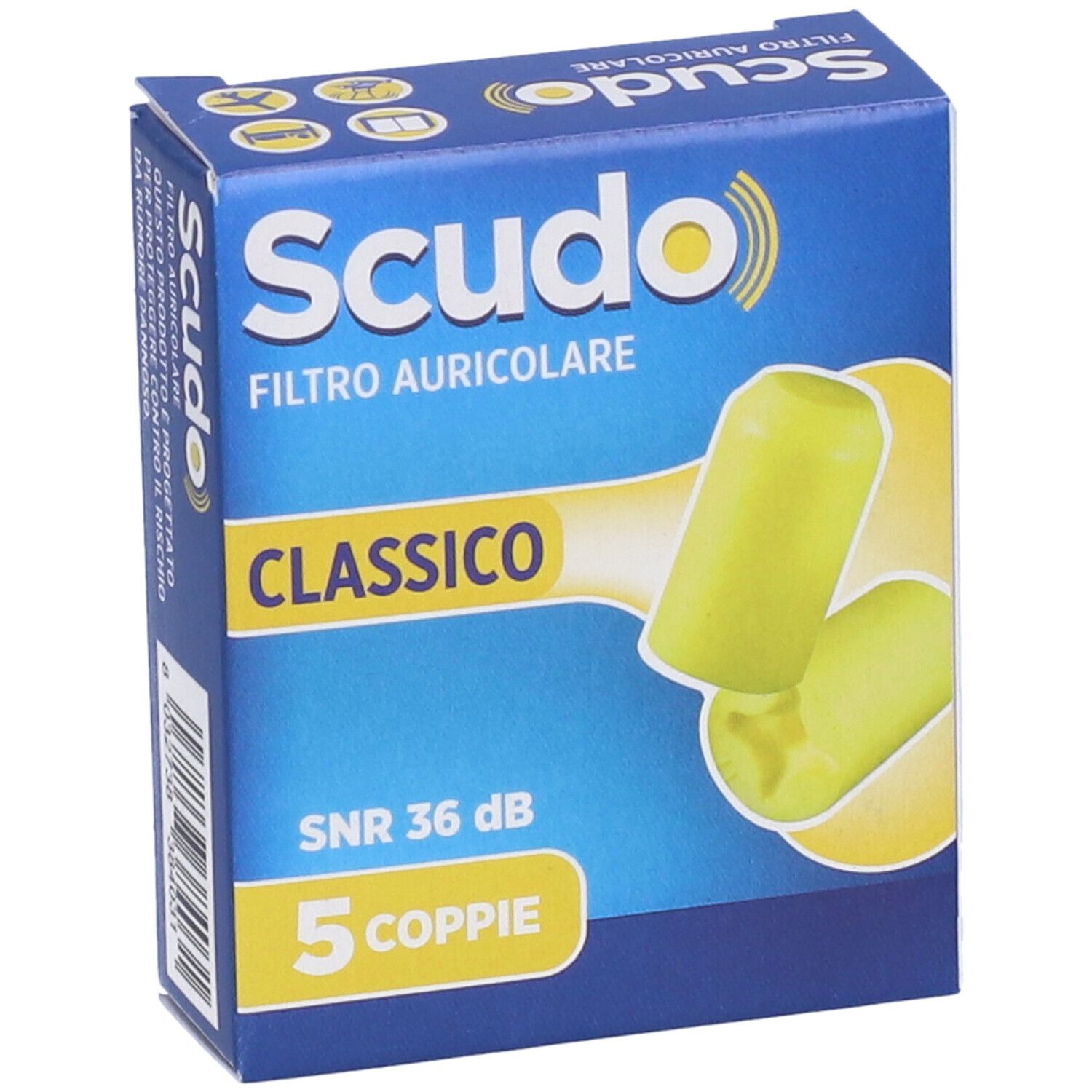 Schachtel mit gelben Ohrstöpseln. Aufschrift: Scudo, Filtro Auricolare, Classico, SNR 36 dB, 5 Coppie.