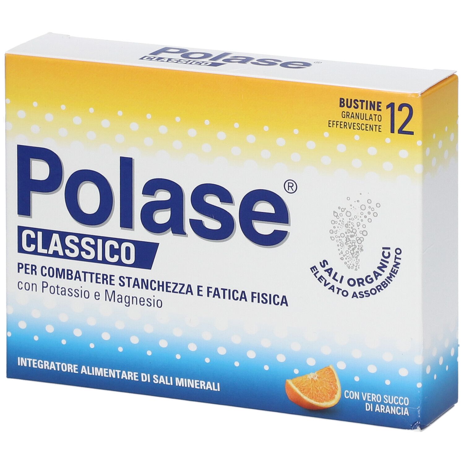 Boîte Polase Classico, 12 sachets. Texte : Per combattere stanchezza e fatica fisica. Avec orange.
