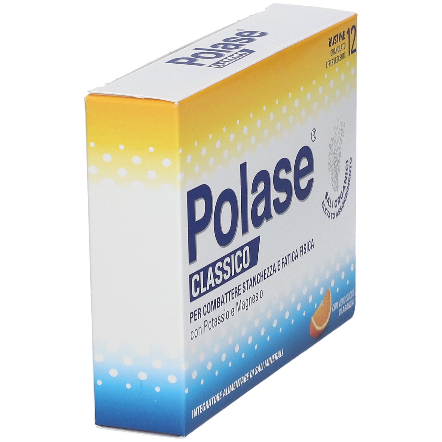 Boîte Polase Classico, 12 sachets. Texte : Per combattere stanchezza e fatica fisica. Avec orange.
