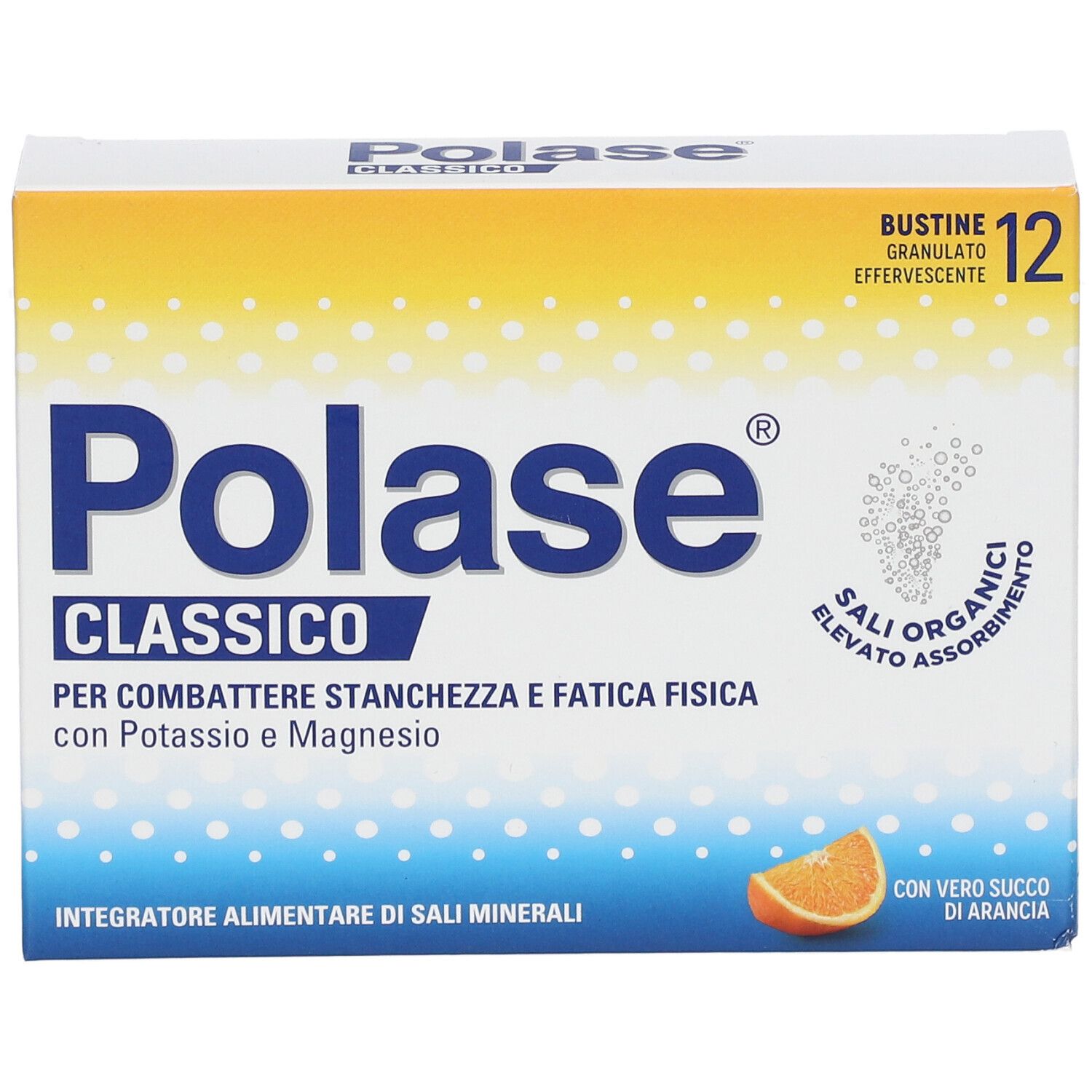 Boîte Polase Classico, 12 sachets. Texte : Per combattere stanchezza e fatica fisica. Avec orange.