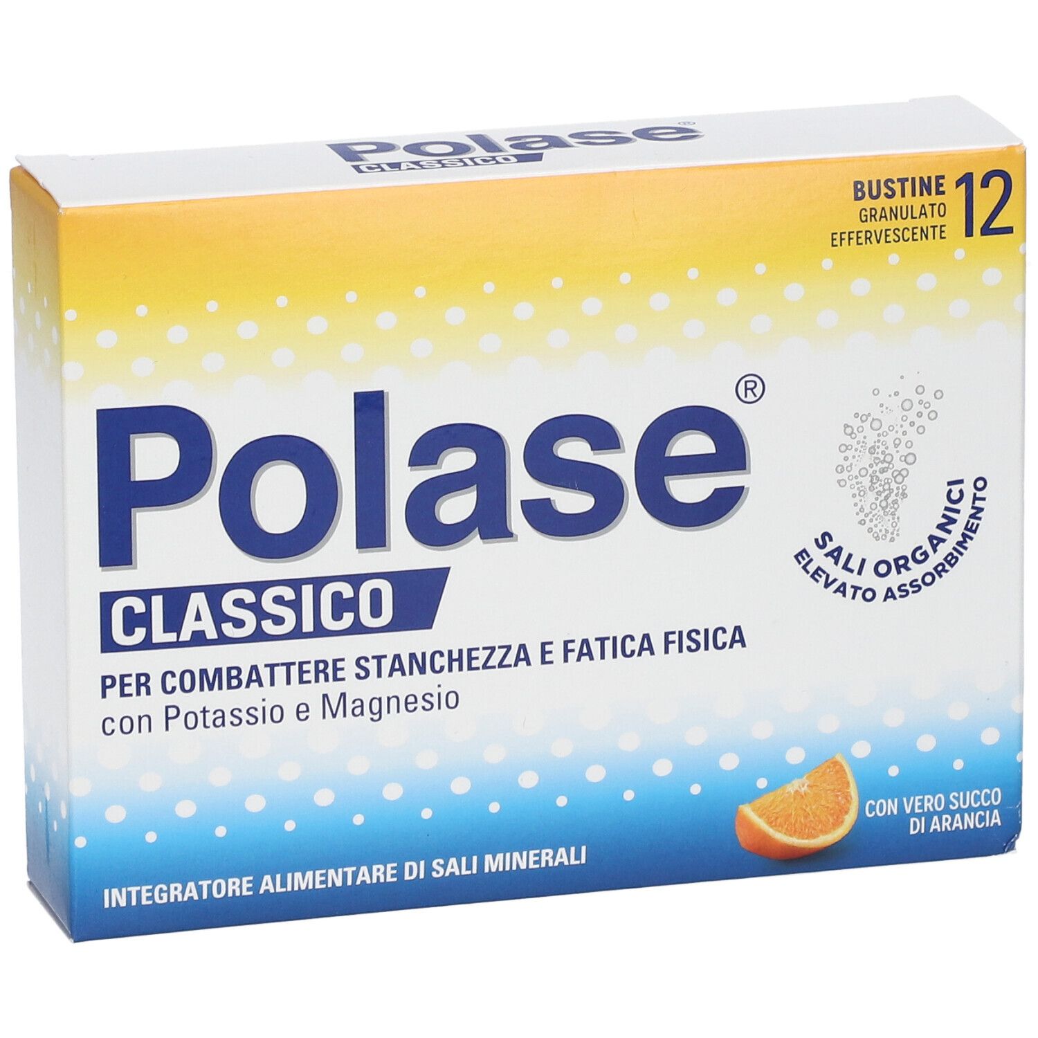 Boîte Polase Classico, 12 sachets. Texte : Per combattere stanchezza e fatica fisica. Avec orange.