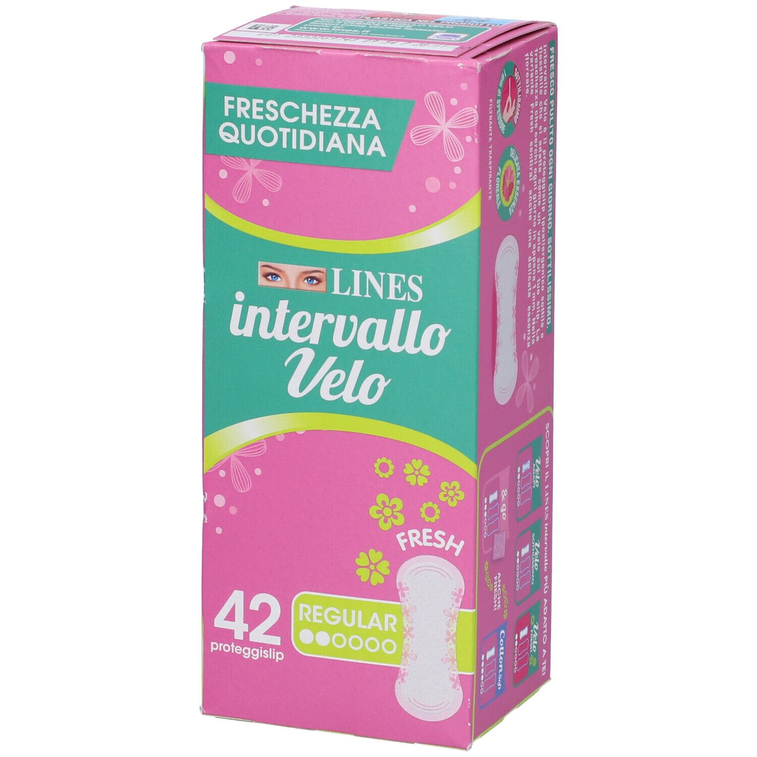 Confezione rosa e verde con nome del prodotto e 42 proteggislip. Scritta: 'FRESH'.