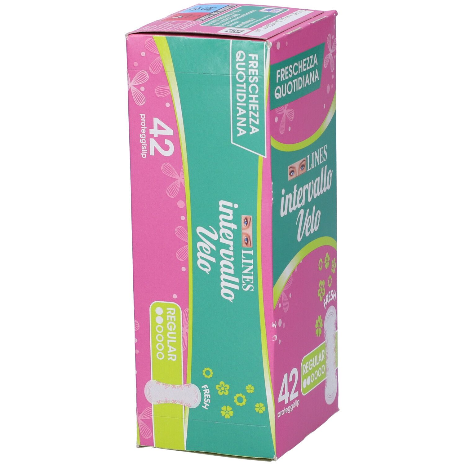 Confezione rosa e verde con nome del prodotto e 42 proteggislip. Vista laterale.
