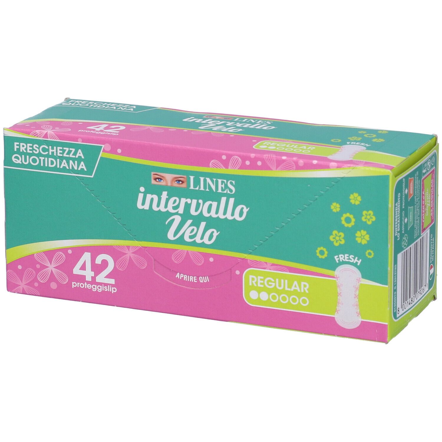 Confezione rosa e verde con nome del prodotto e 42 proteggislip. Vista dall'alto.