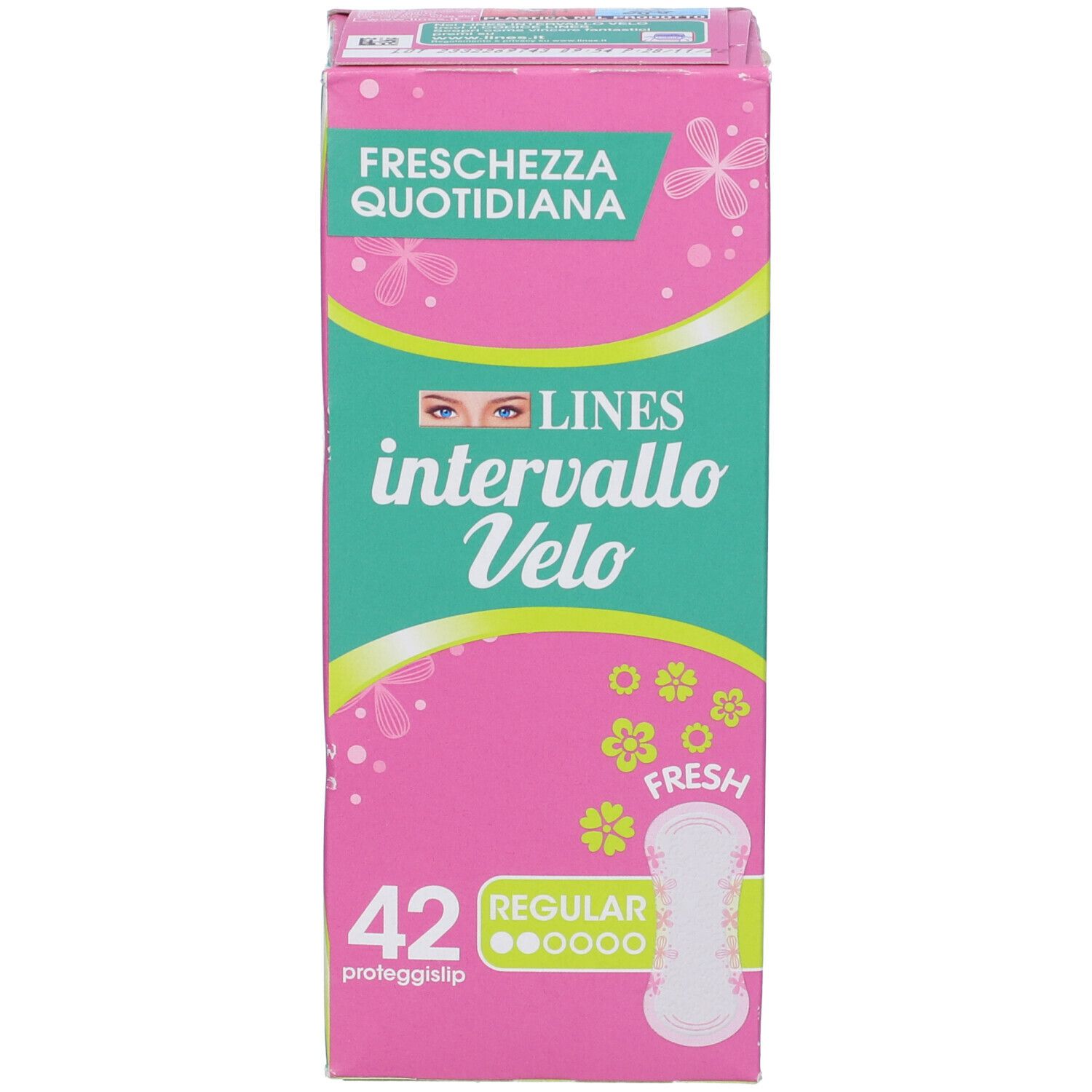 Confezione rosa e verde con nome del prodotto e 42 proteggislip. Vista frontale.