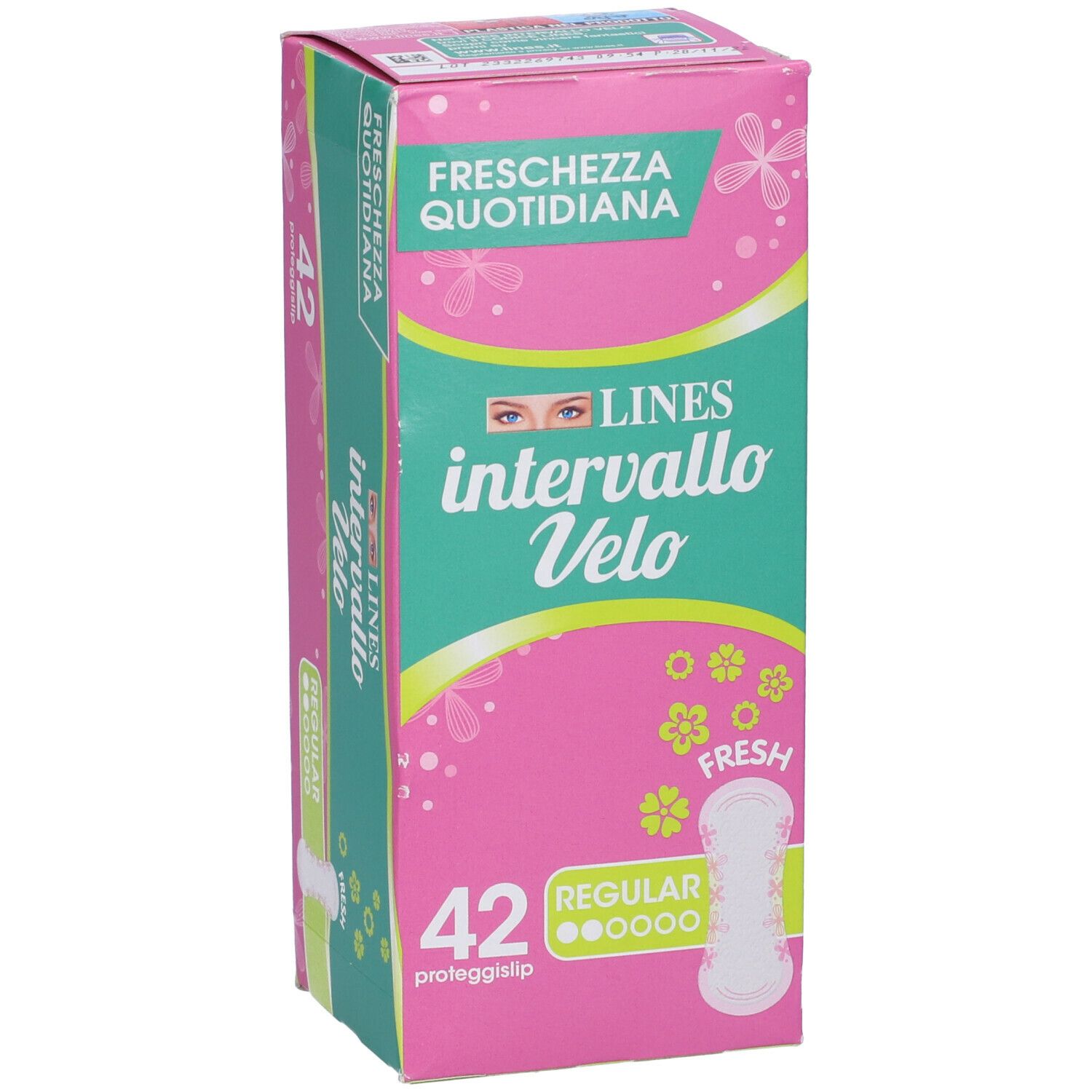 Confezione rosa e verde con nome del prodotto e 42 proteggislip. Vista obliqua.