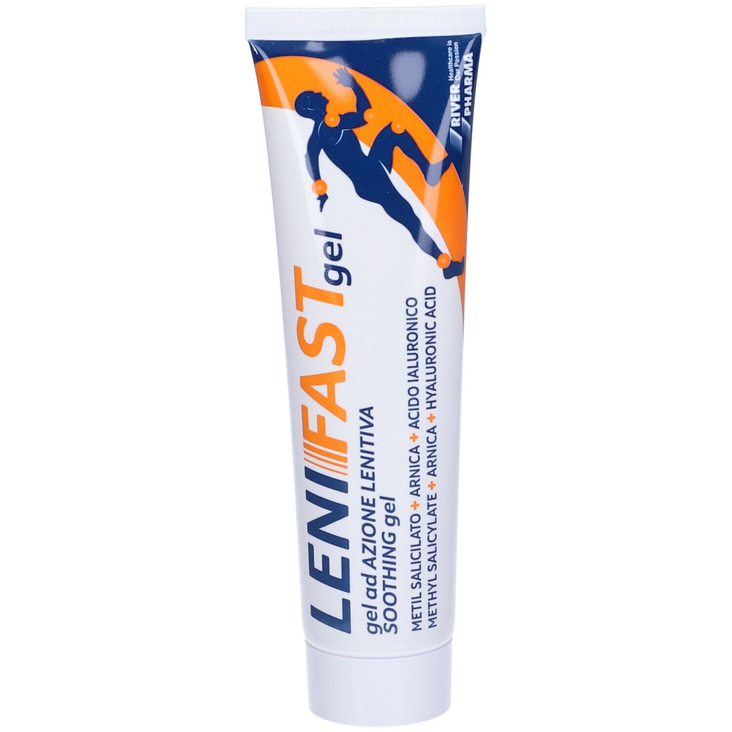 Tubo bianco e blu-arancione. Scritta: LeniFast gel, Soothing gel. Immagine di atleta.