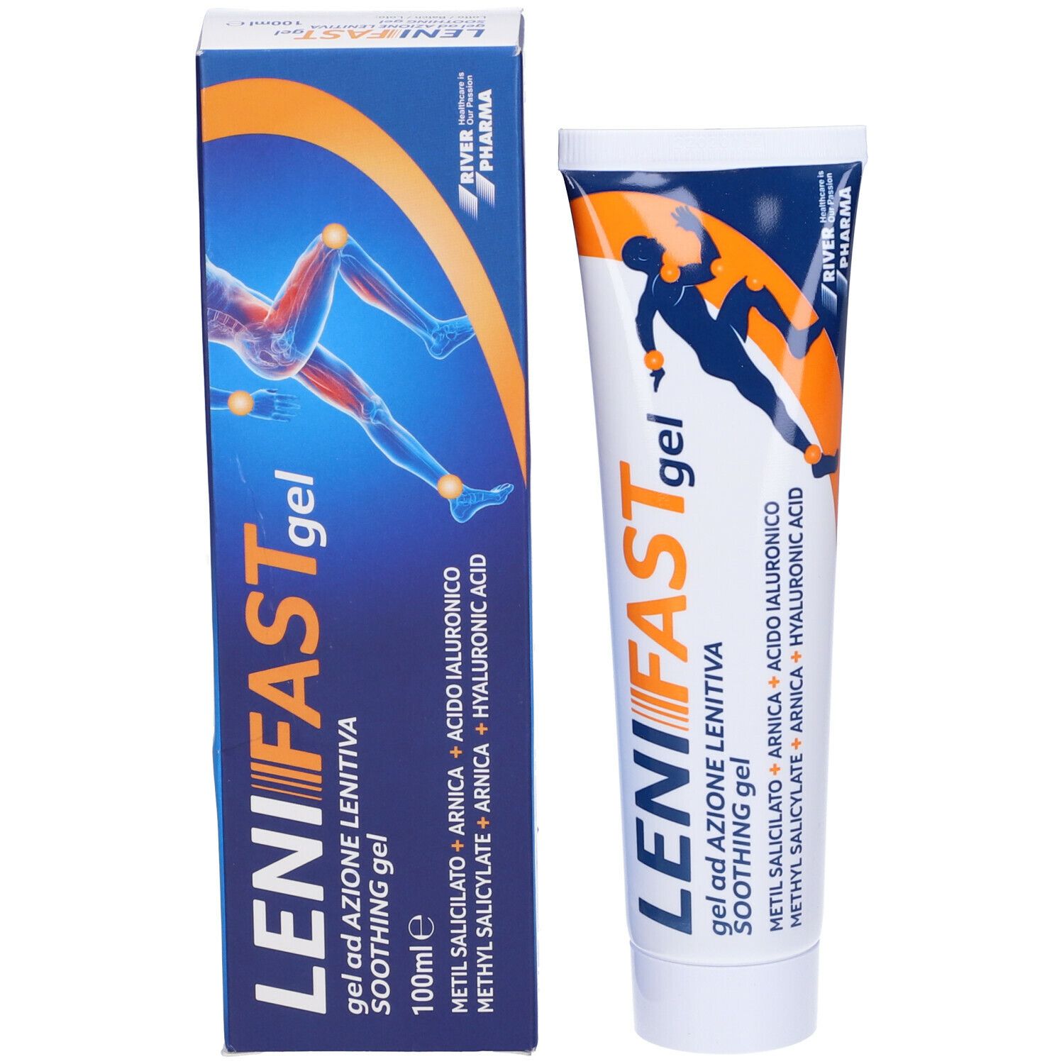 Confezione del prodotto con tubo. Scritta: LeniFast gel, Soothing gel. Immagine di un ginocchio.