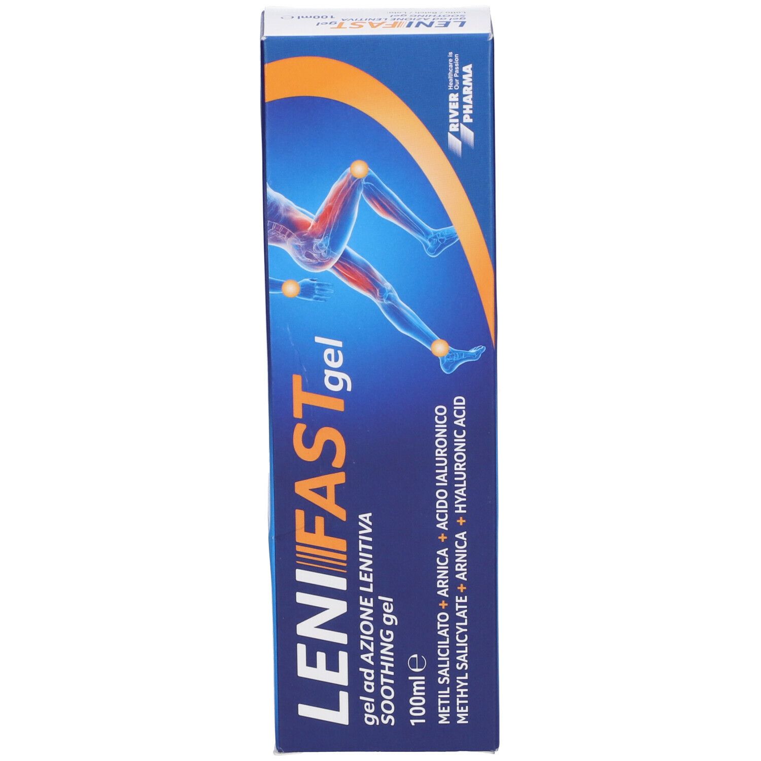Confezione del prodotto. Scritta: LeniFast gel, Soothing gel. Immagine di un ginocchio.