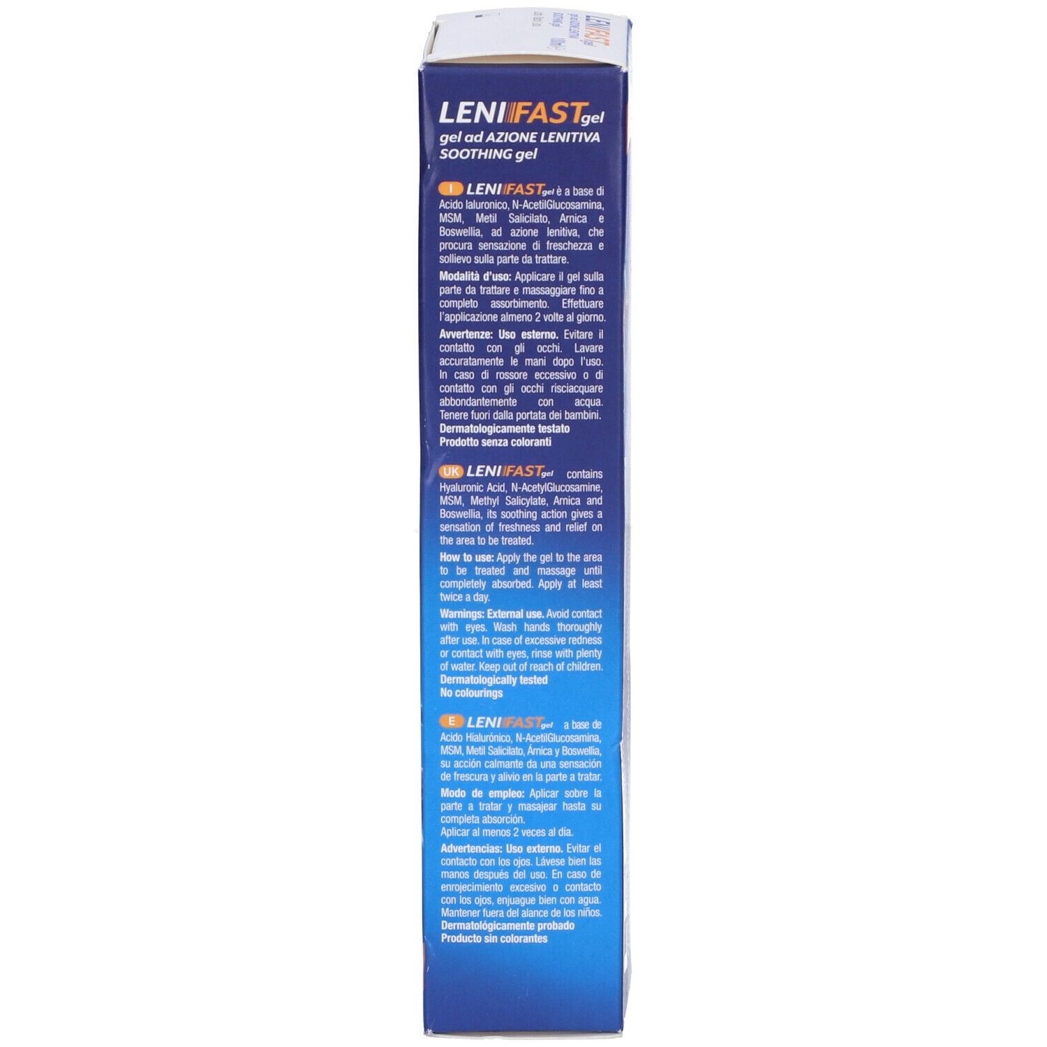 Confezione del prodotto. Scritta: LeniFast gel, Soothing gel. Testo multilingue.