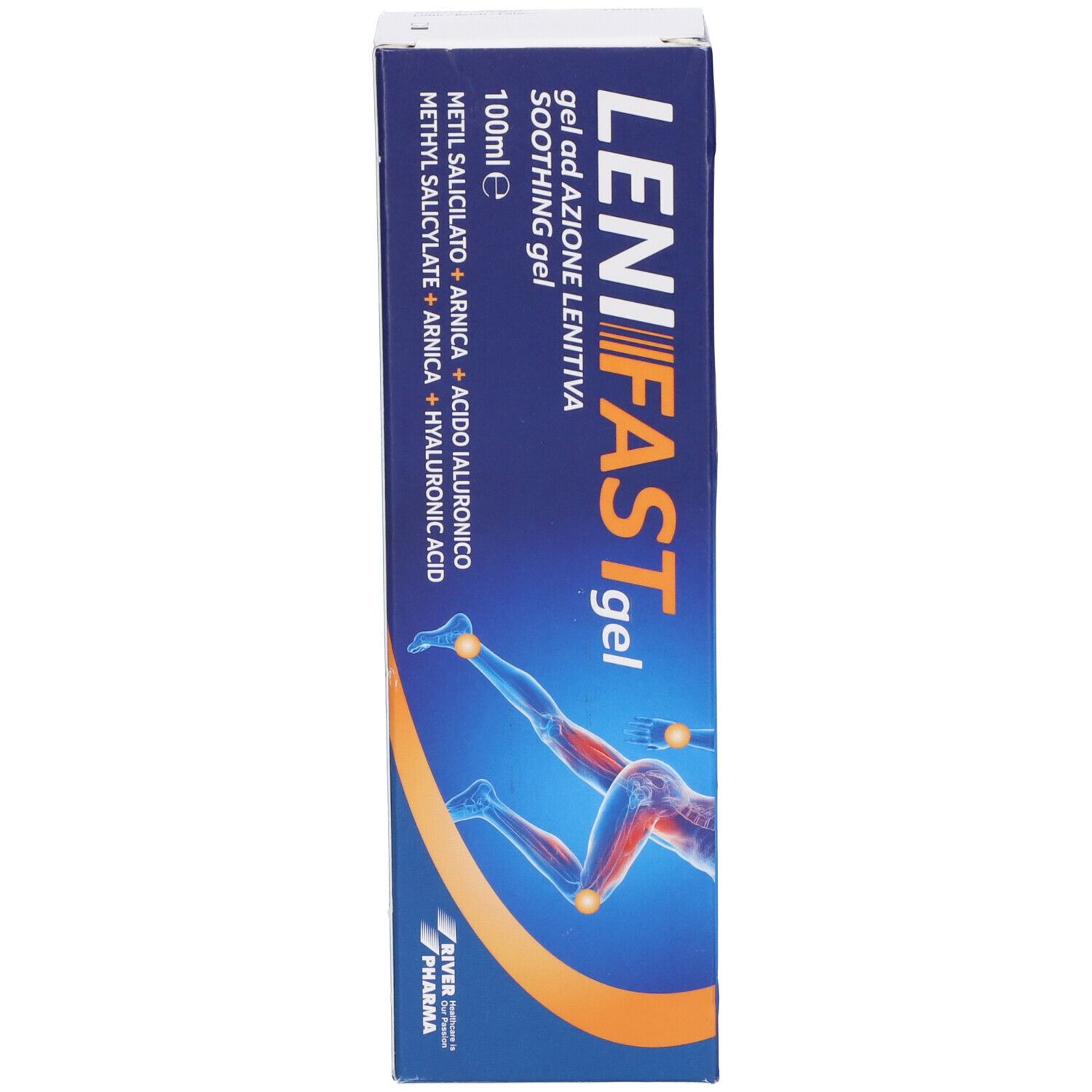 Confezione del prodotto. Scritta: LeniFast gel, Soothing gel. Immagine di un ginocchio.