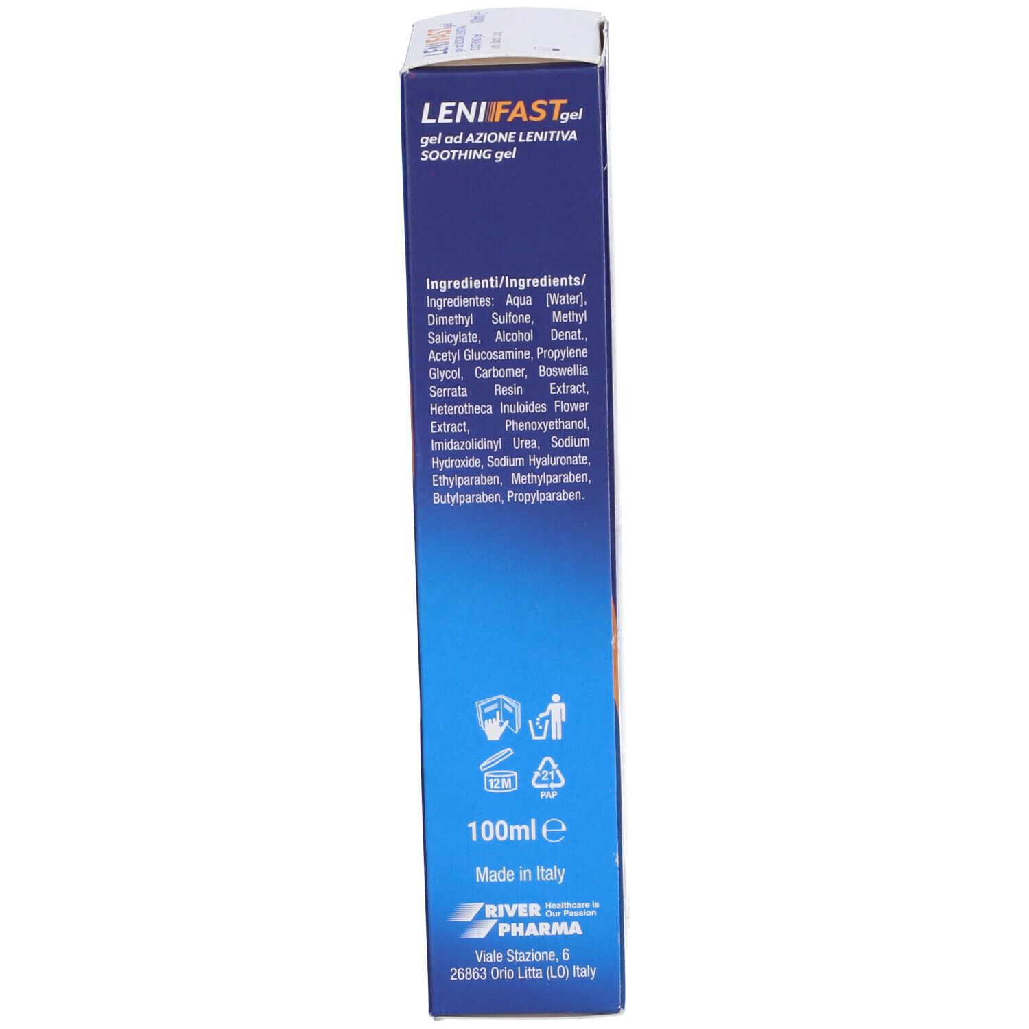 Confezione del prodotto. Scritta: LeniFast gel, Soothing gel. Elenco degli ingredienti.