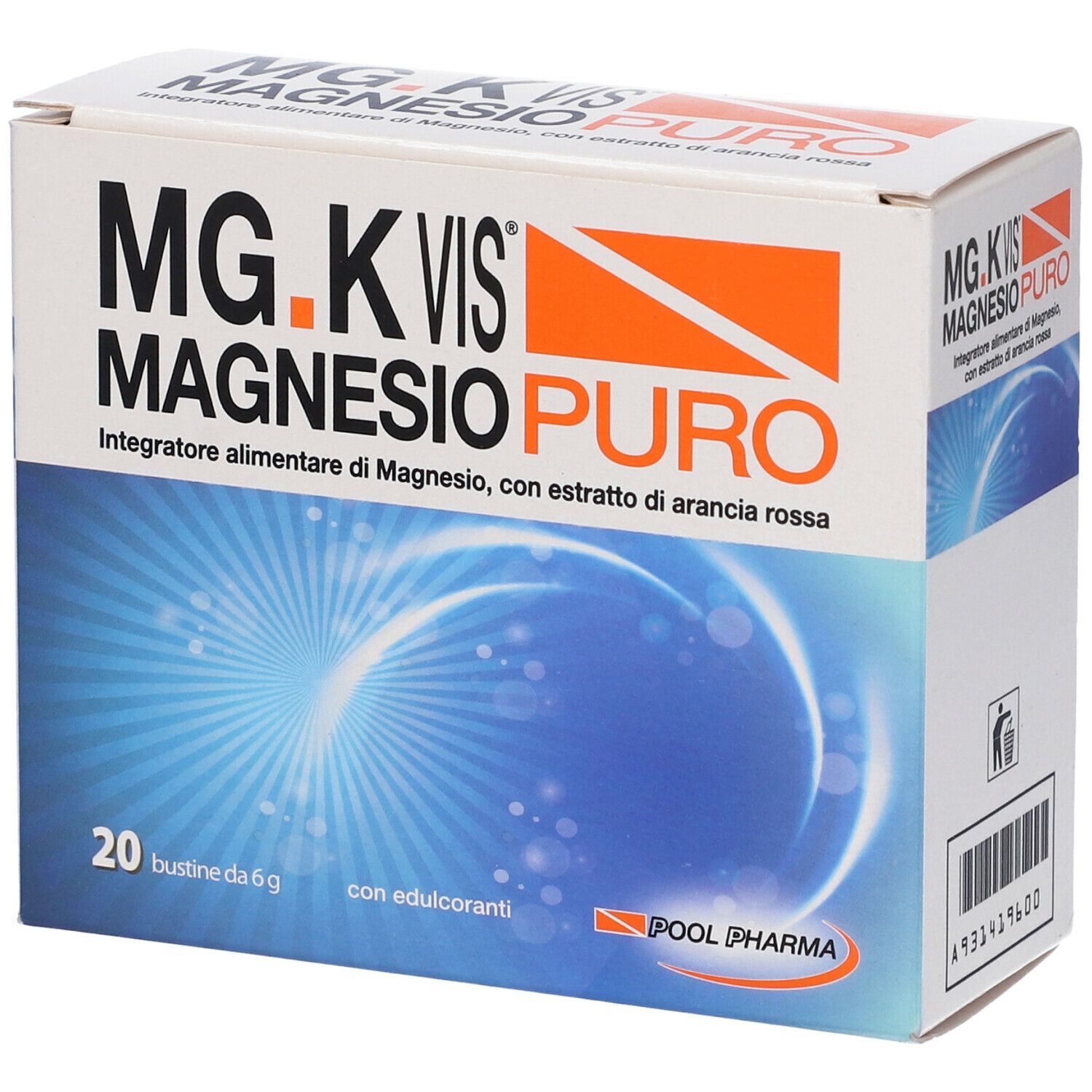 Scatola bianca e arancione con Mg.K Vis Magnesio Puro. 20 bustine. Testo: Integratore alimentare di Magnesio, con estratto di arancia rossa.