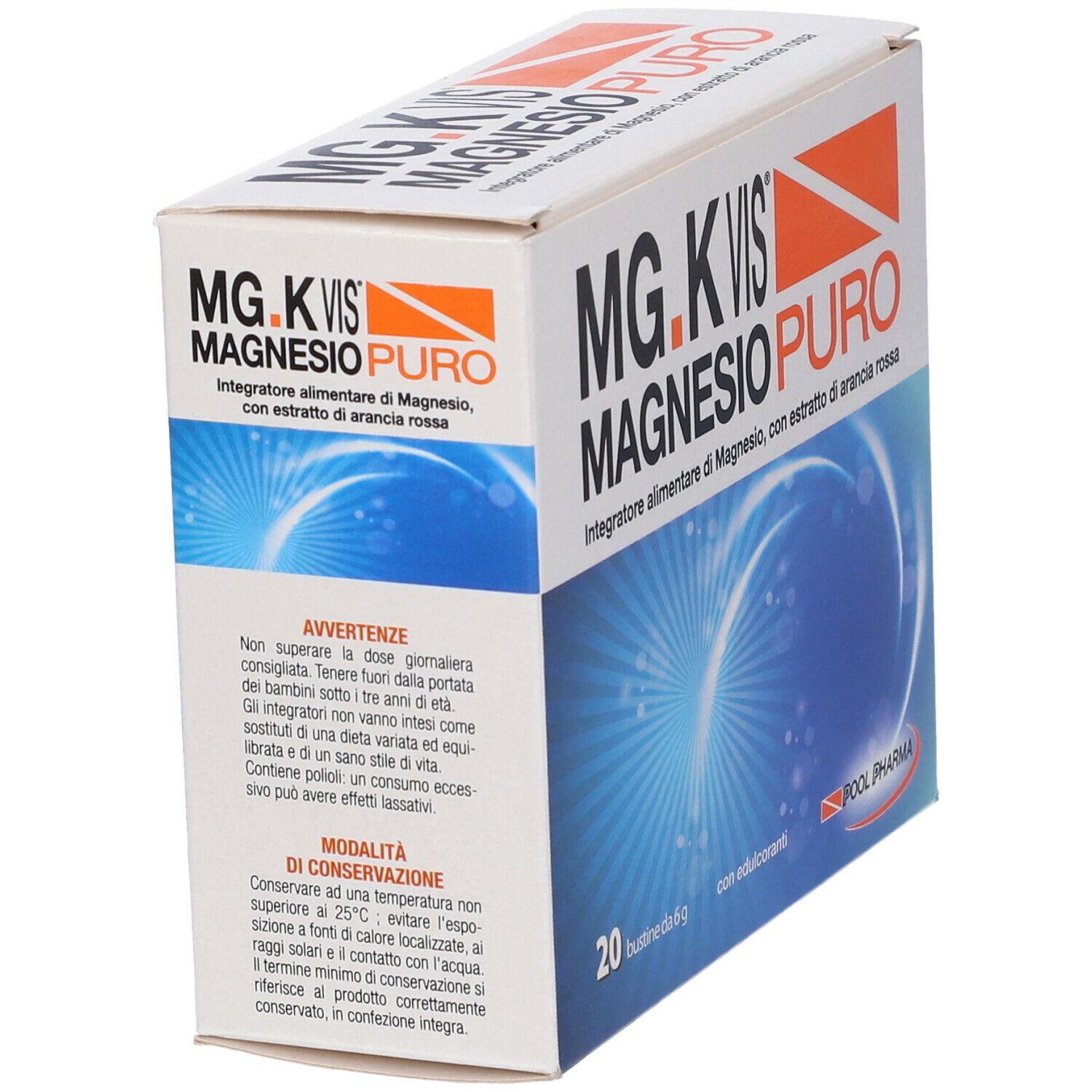Scatola con Mg.K Vis Magnesio Puro. 20 bustine. Testo: Integratore alimentare di Magnesio, con estratto di arancia rossa. Sfondo blu.