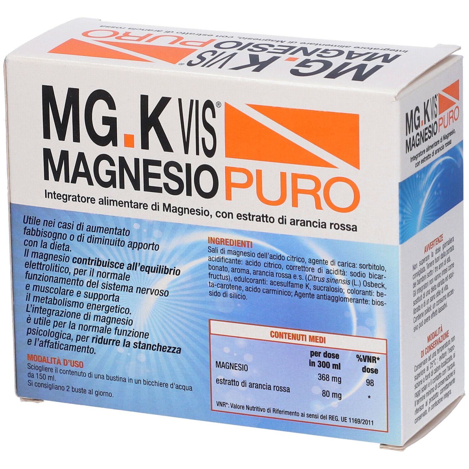 Scatola con Mg.K Vis Magnesio Puro. 20 bustine. Testo: Integratore alimentare di Magnesio, con estratto di arancia rossa. Sfondo blu.
