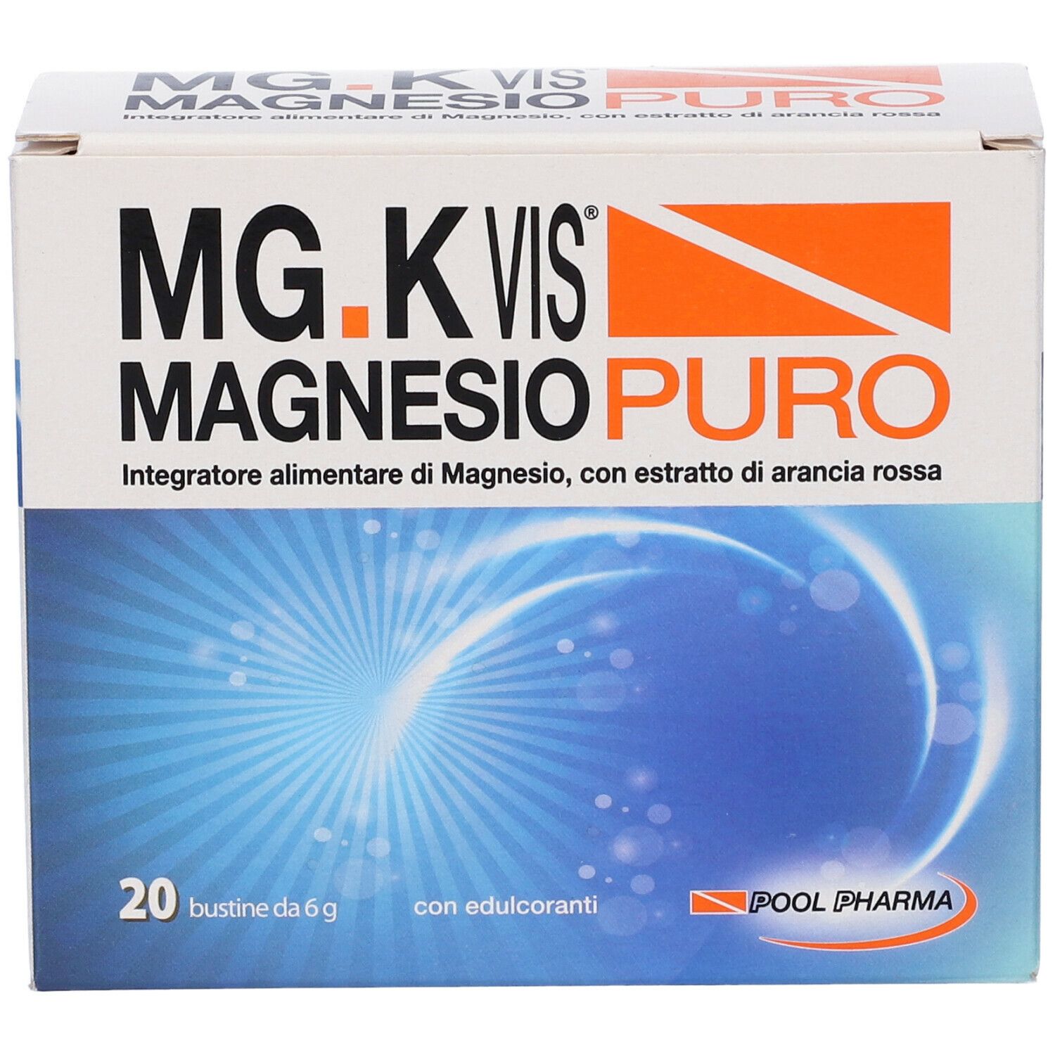 Scatola con Mg.K Vis Magnesio Puro. 20 bustine. Testo: Integratore alimentare di Magnesio, con estratto di arancia rossa. Sfondo blu.
