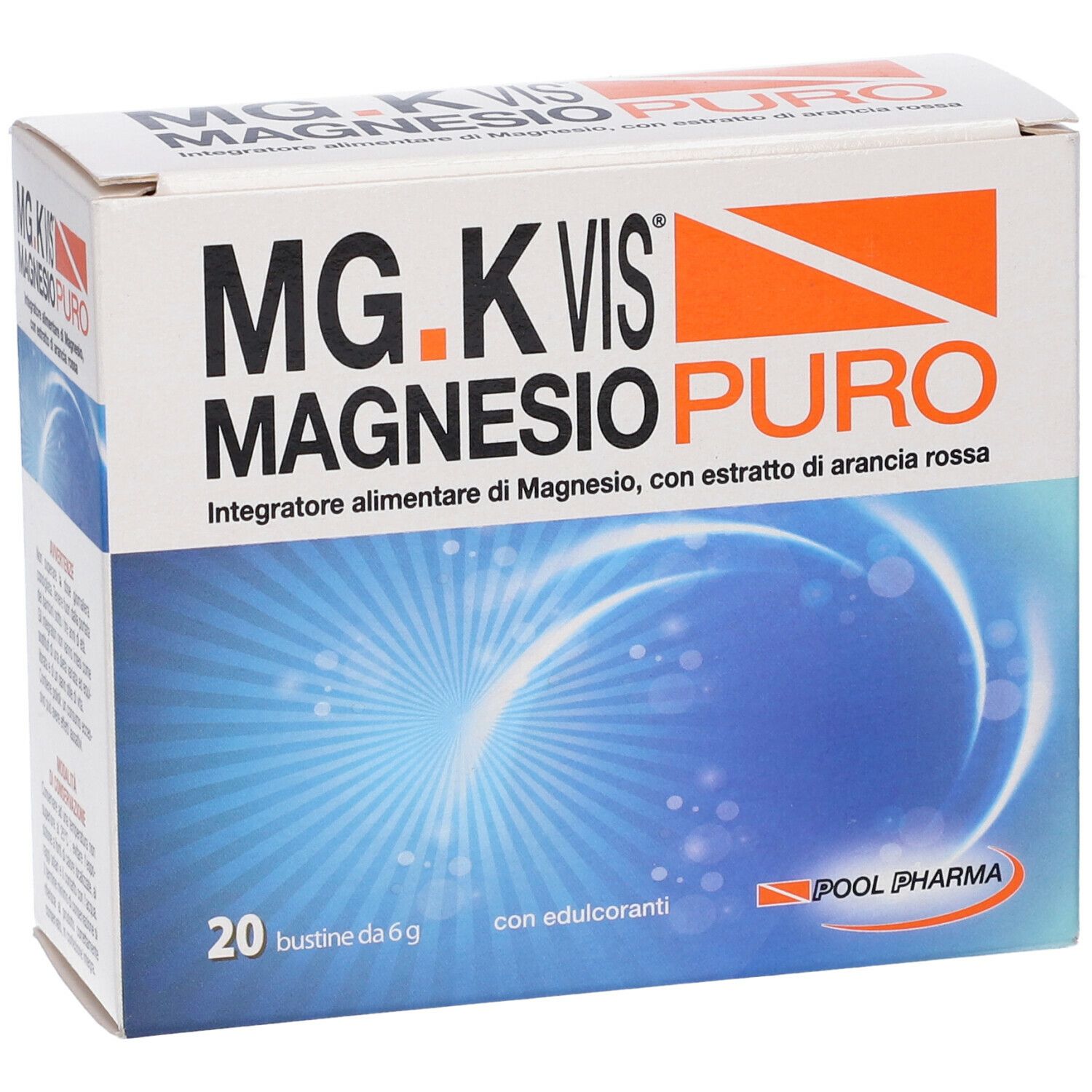 Scatola con Mg.K Vis Magnesio Puro. 20 bustine. Testo: Integratore alimentare di Magnesio, con estratto di arancia rossa. Sfondo blu.