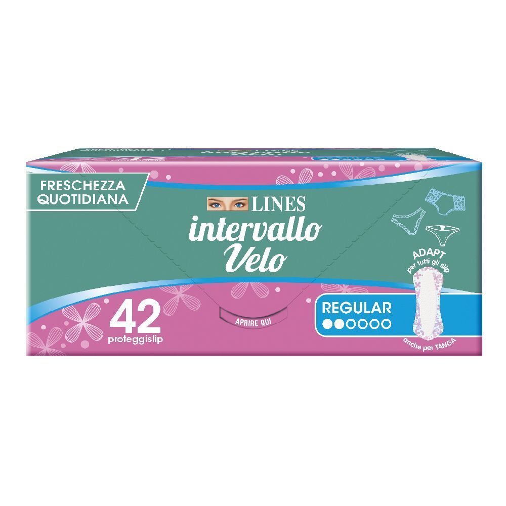 Confezione di Lines Intervallo Velo Adapt. Rosa e verde, con nome del prodotto, 42 pezzi, Regular. Adatto per tanga.
