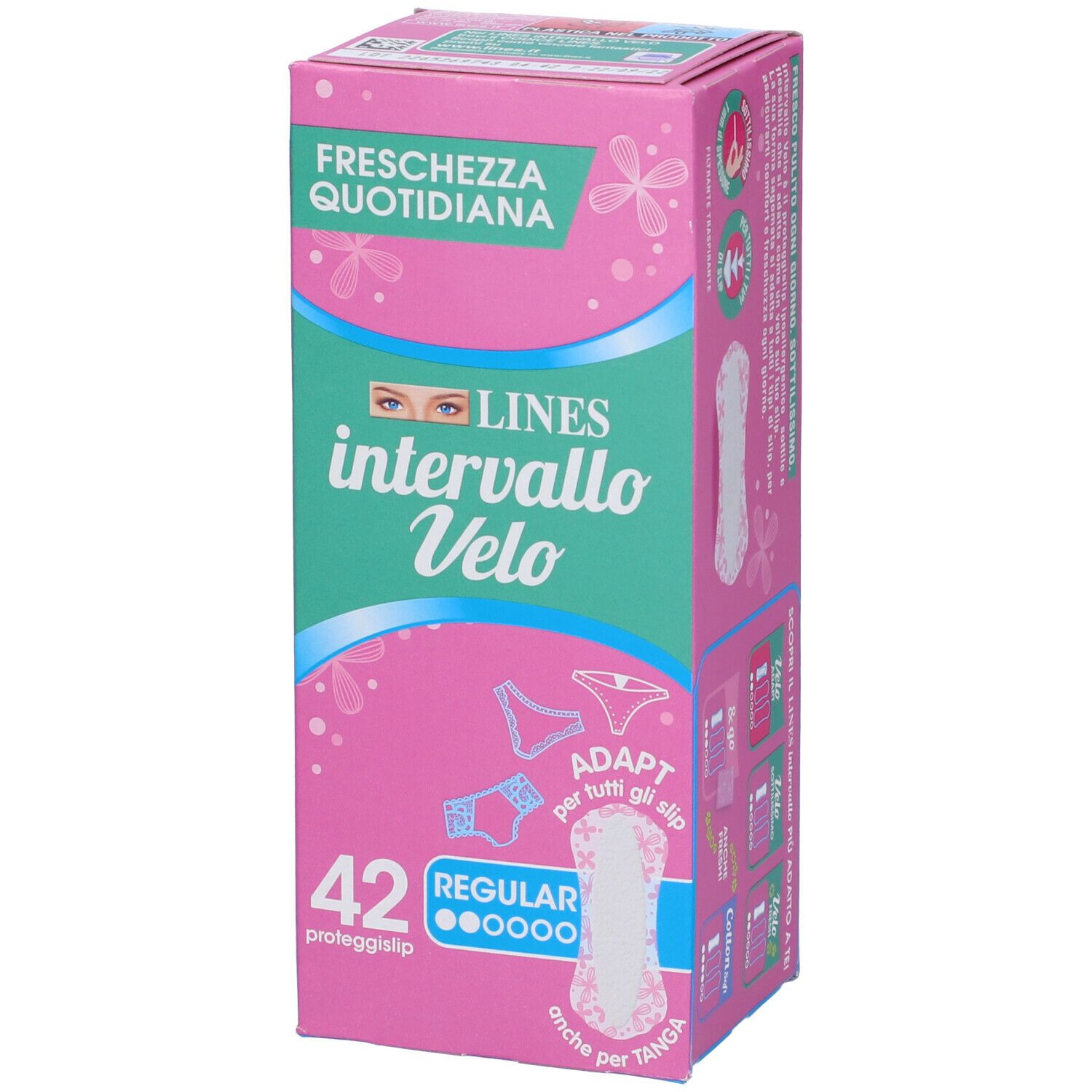 Confezione Lines Intervallo Velo Adapt. Rosa e verde, con nome del prodotto, 42 pezzi, Regular. Adatto per tanga. In piedi.