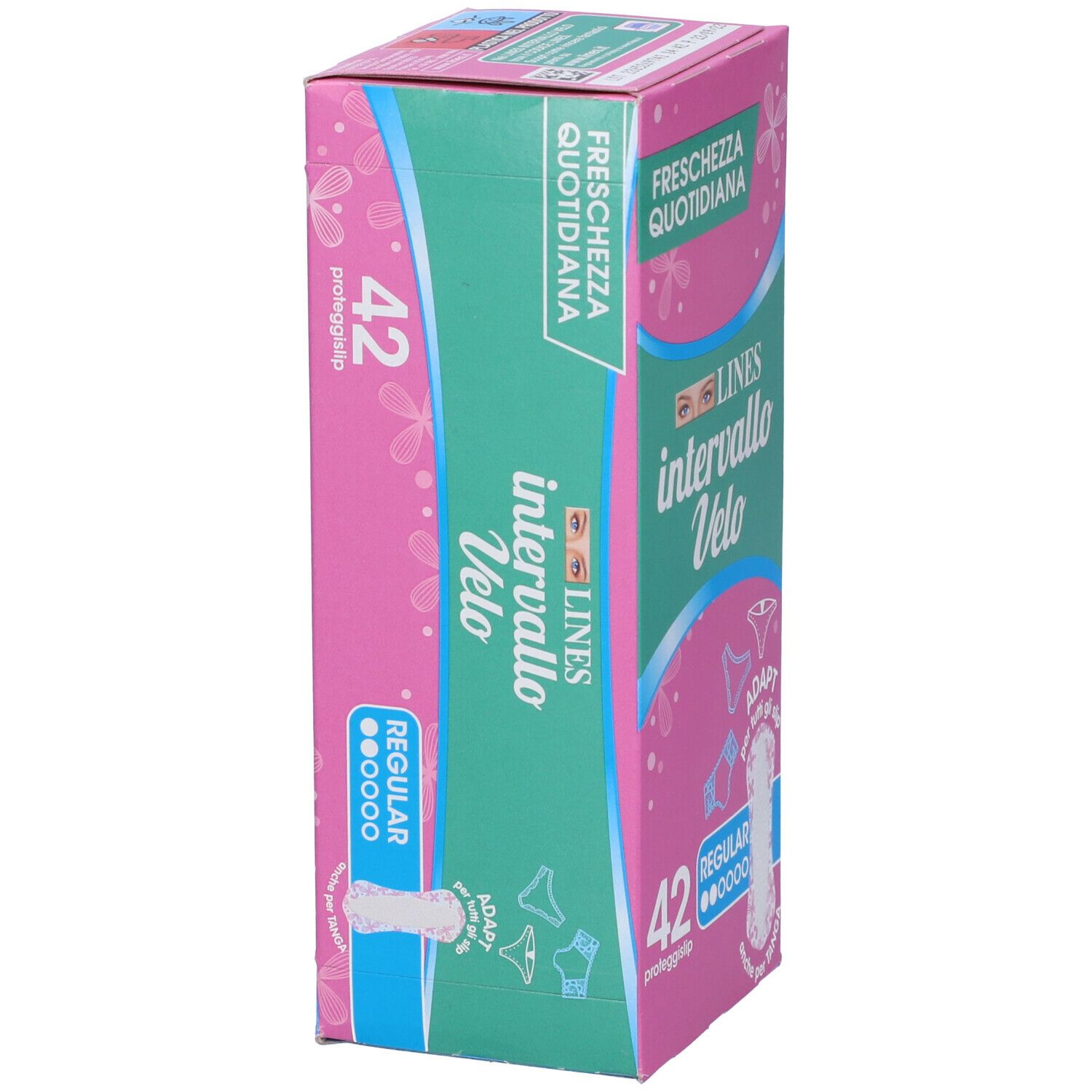Confezione Lines Intervallo Velo Adapt. Rosa e verde, con nome del prodotto, 42 pezzi, Regular. Adatto per tanga. Obliqua.