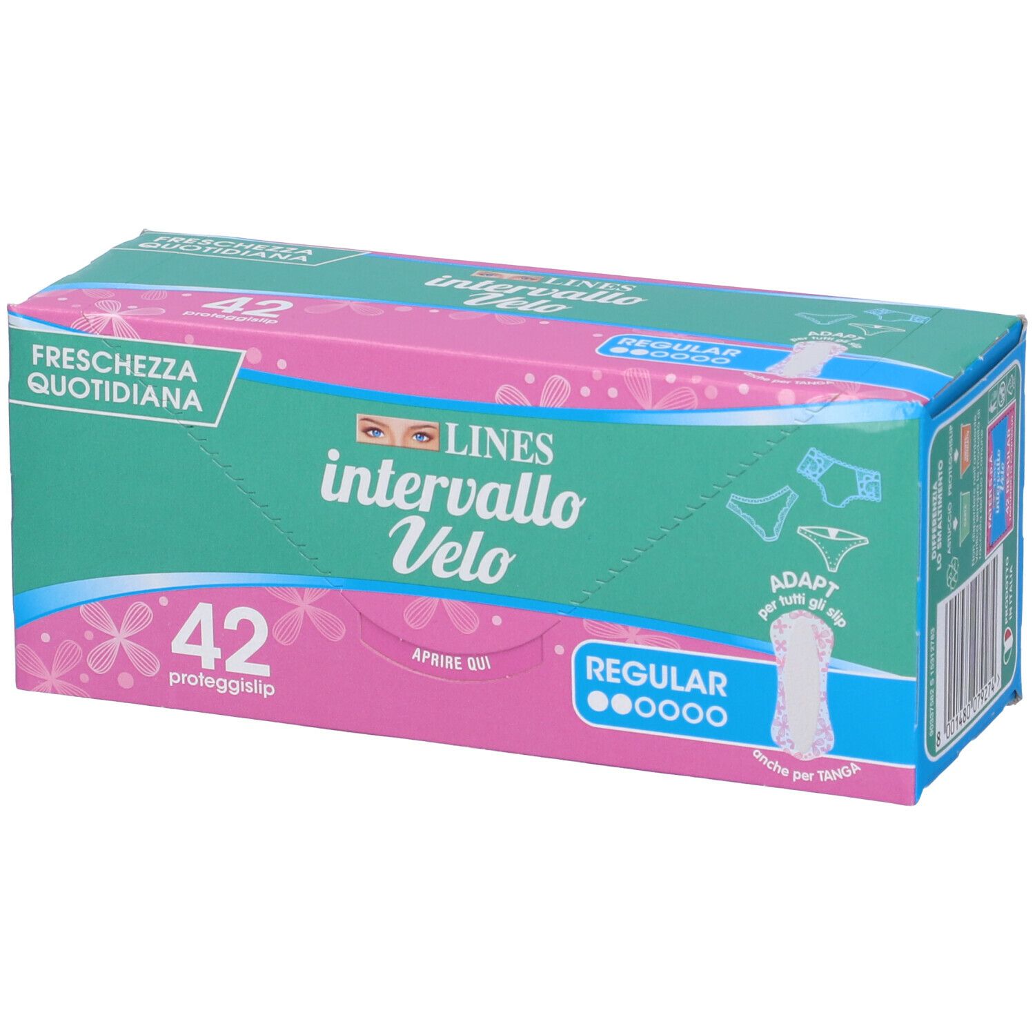 Confezione Lines Intervallo Velo Adapt. Rosa e verde, con nome del prodotto, 42 pezzi, Regular. Adatto per tanga.