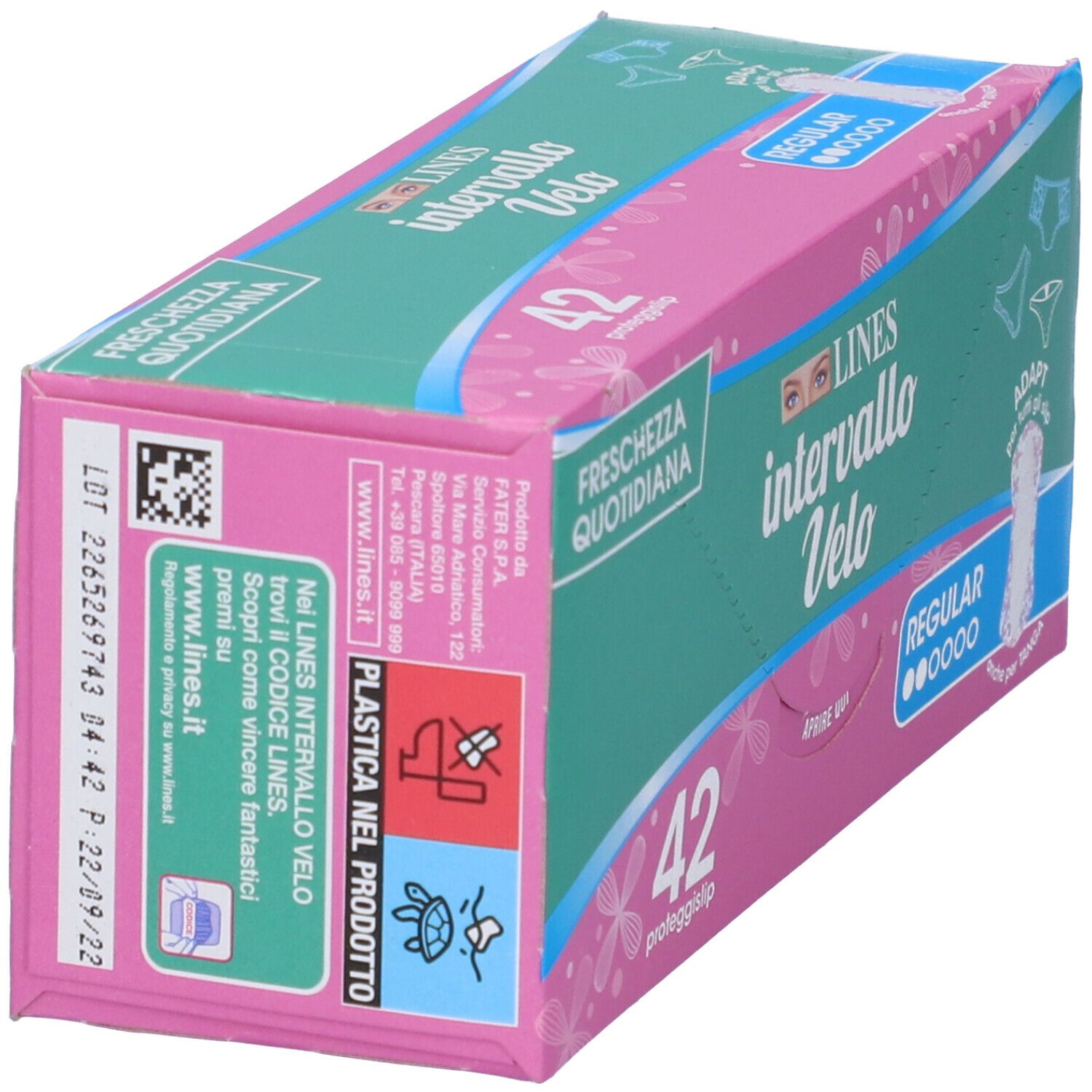 Confezione Lines Intervallo Velo Adapt. Rosa e verde, con nome del prodotto, 42 pezzi, Regular. Retro con informazioni.