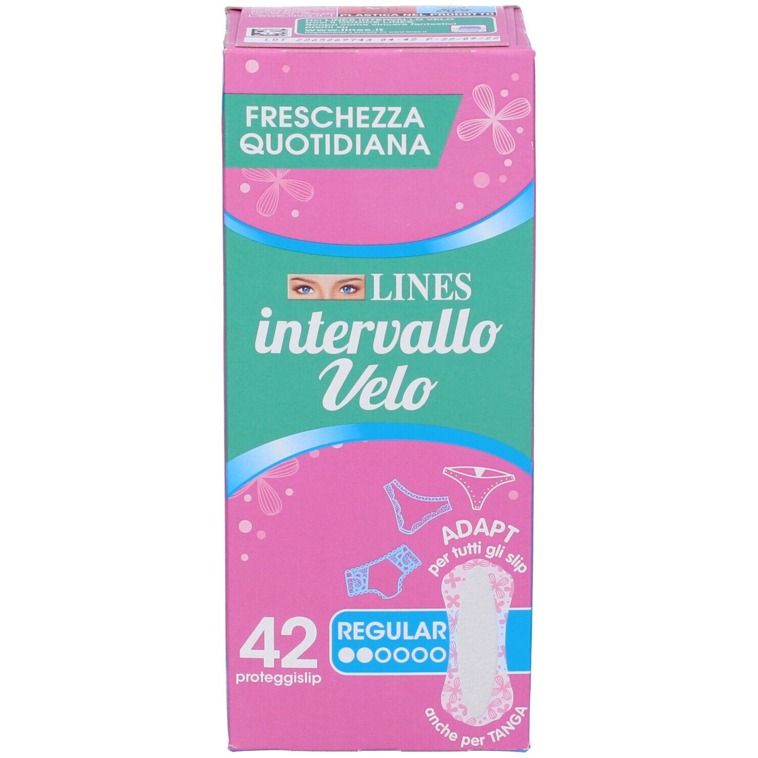 Confezione Lines Intervallo Velo Adapt. Rosa e verde, con nome del prodotto, 42 pezzi, Regular. Adatto per tanga.