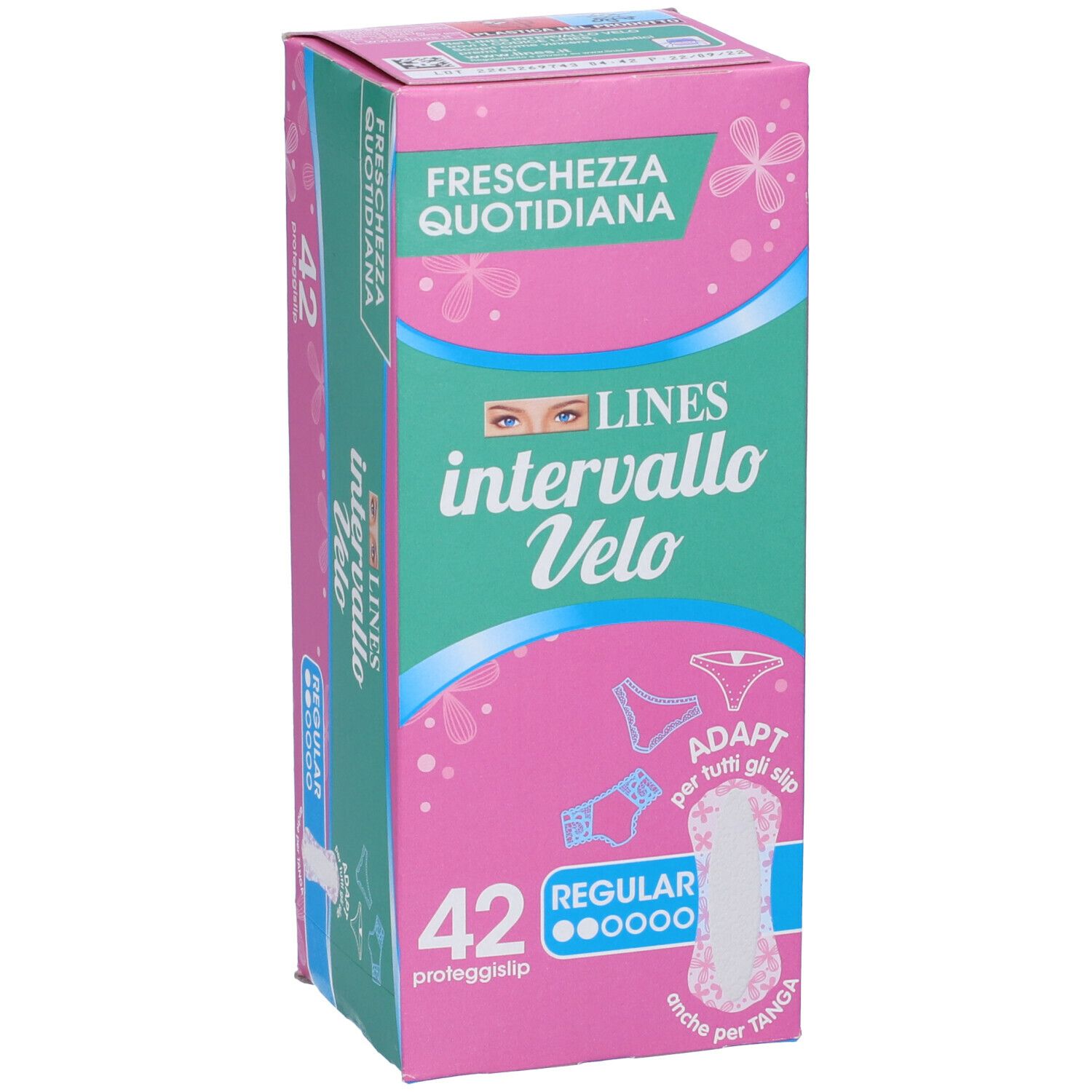 Confezione Lines Intervallo Velo Adapt. Rosa e verde, con nome del prodotto, 42 pezzi, Regular. Adatto per tanga.