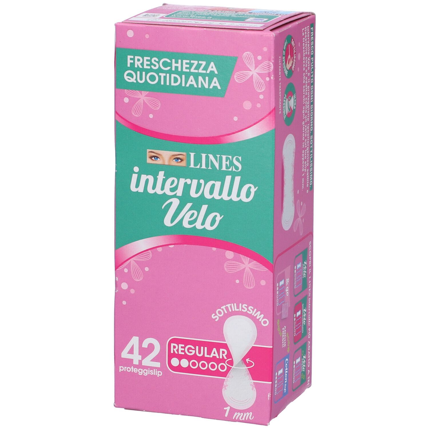 Confezione Lines Intervallo Velo. Scatola rosa-verde, nome prodotto, 42 pezzi, 'Regular', 1 mm. Testo: 'Freschezza Quotidiana'.
