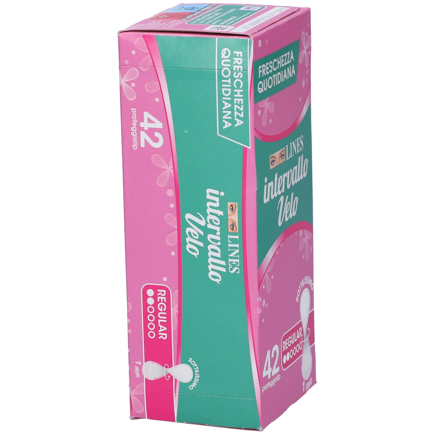 Confezione Lines Intervallo Velo. Scatola rosa-verde, nome prodotto, 42 pezzi, 'Regular', 1 mm. Testo: 'Freschezza Quotidiana'.