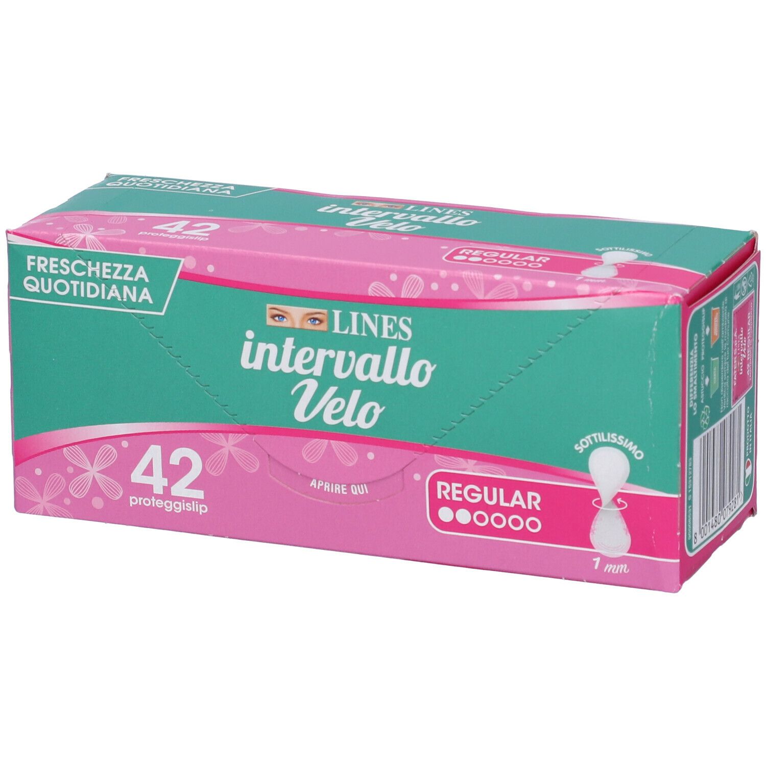 Confezione Lines Intervallo Velo. Scatola rosa-verde, nome prodotto, 42 pezzi, 'Regular', 1 mm. Testo: 'Freschezza Quotidiana'.