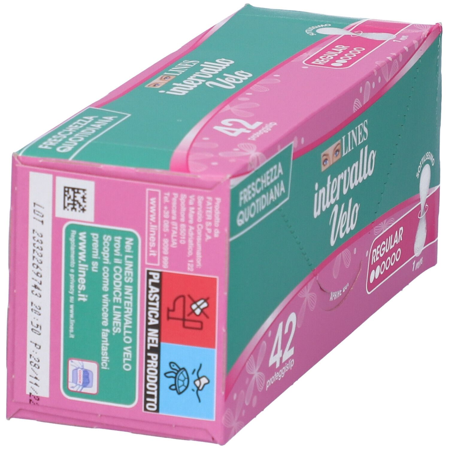 Confezione Lines Intervallo Velo. Scatola rosa-verde, nome prodotto, 42 pezzi, 'Regular', 1 mm. Testo: 'Freschezza Quotidiana'. Simboli riciclo.