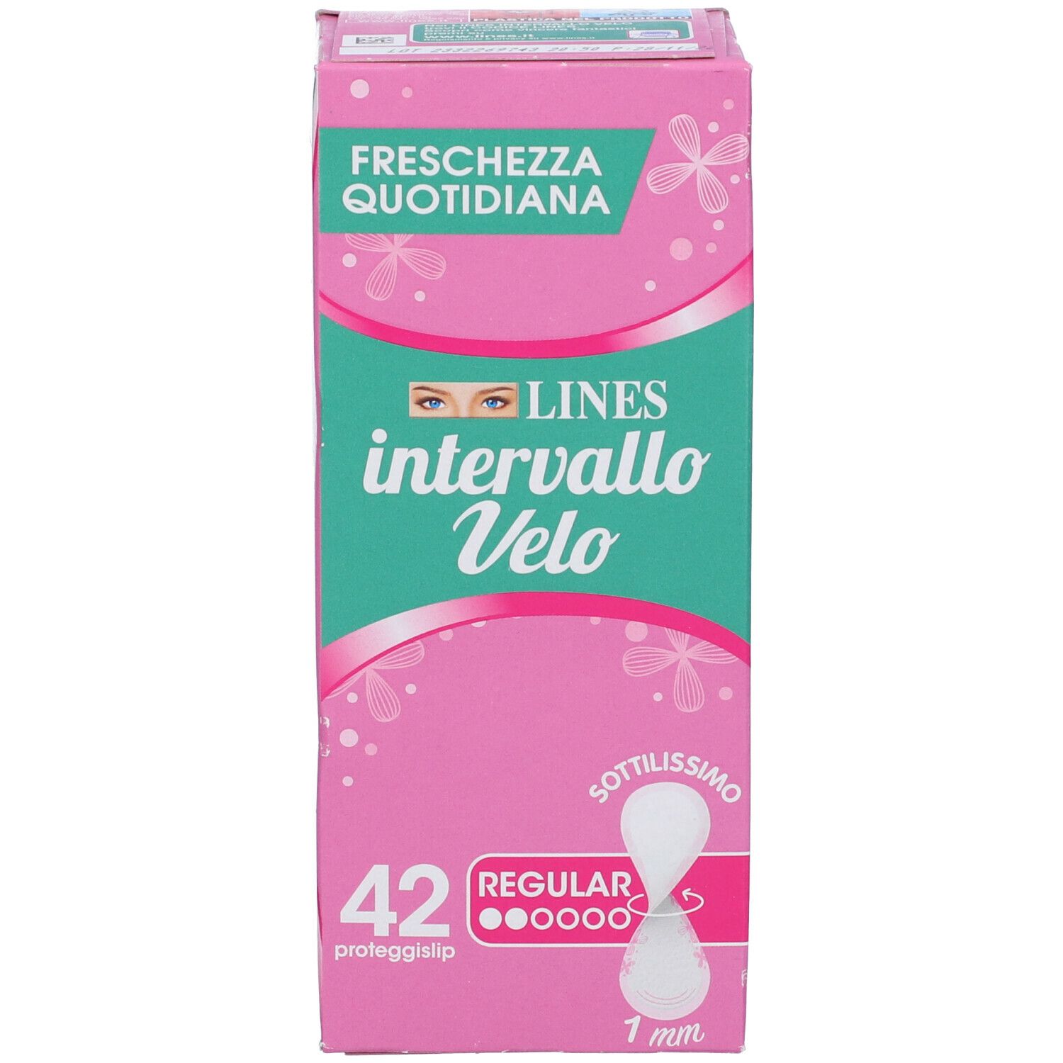 Confezione Lines Intervallo Velo. Scatola rosa-verde, nome prodotto, 42 pezzi, 'Regular', 1 mm. Testo: 'Freschezza Quotidiana'.