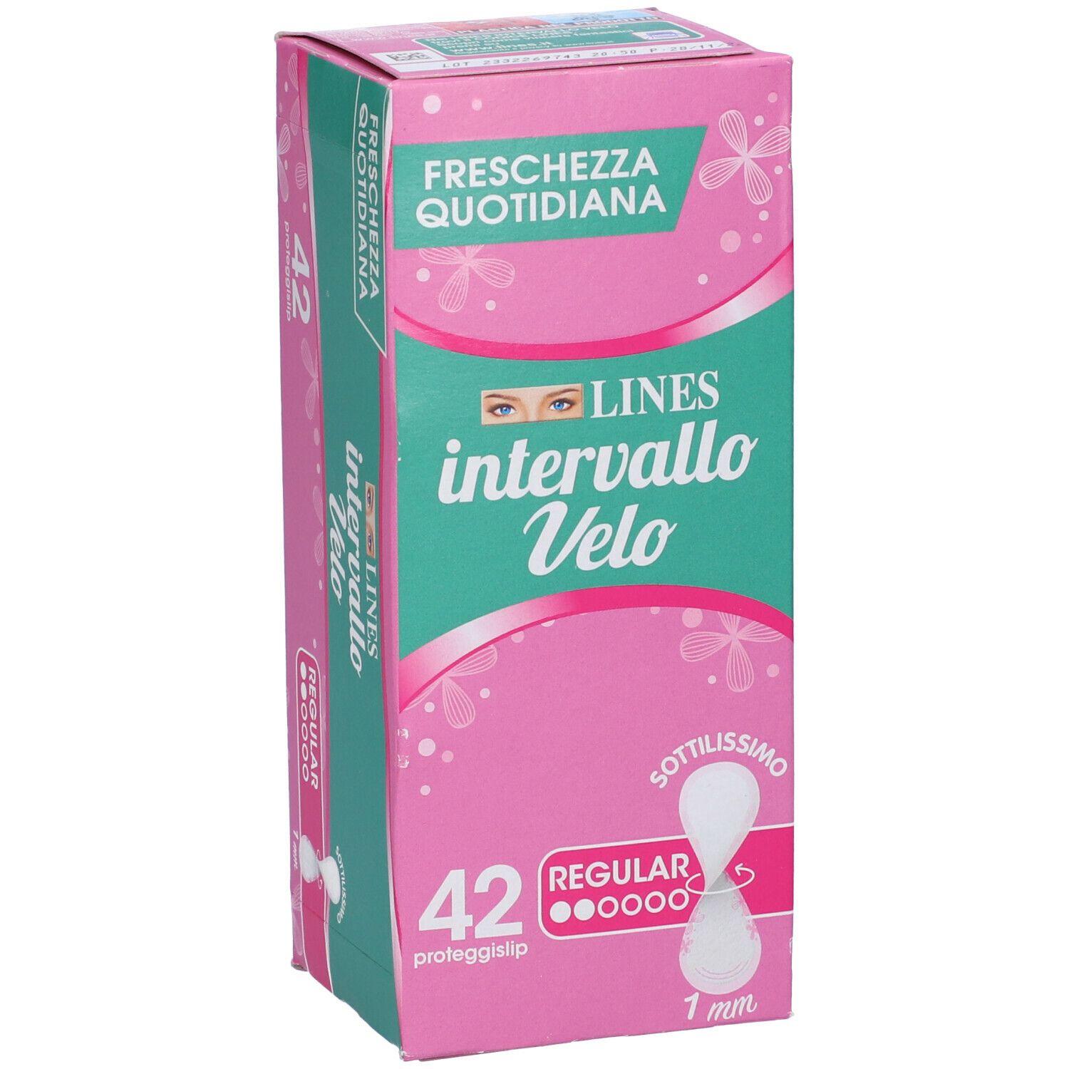 Confezione Lines Intervallo Velo. Scatola rosa-verde, nome prodotto, 42 pezzi, 'Regular', 1 mm. Testo: 'Freschezza Quotidiana'.