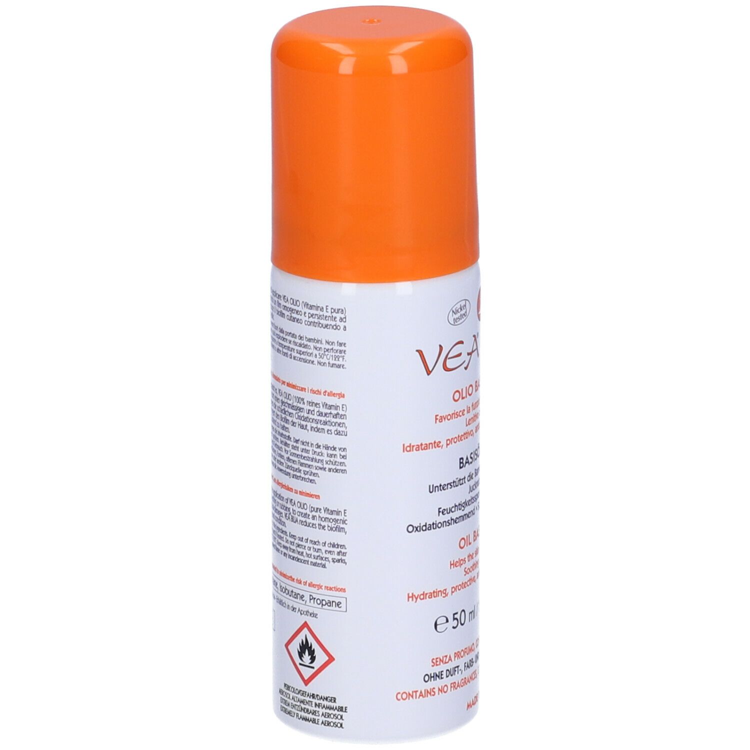 Retro dello spray VEA BUA Basisöl. Informazioni sul prodotto. Tappo arancione. 50 ml.
