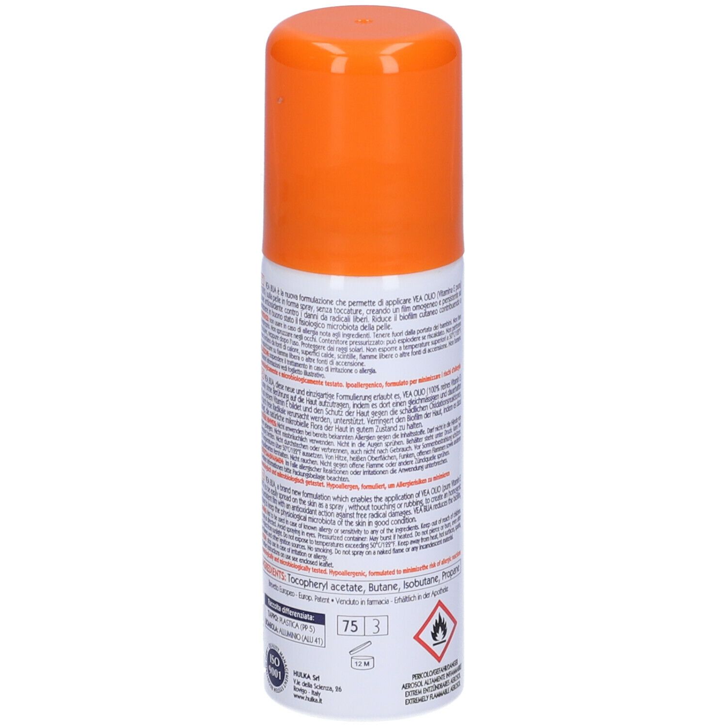 Retro dello spray VEA BUA Basisöl. Informazioni sul prodotto. Tappo arancione. 75 ml.