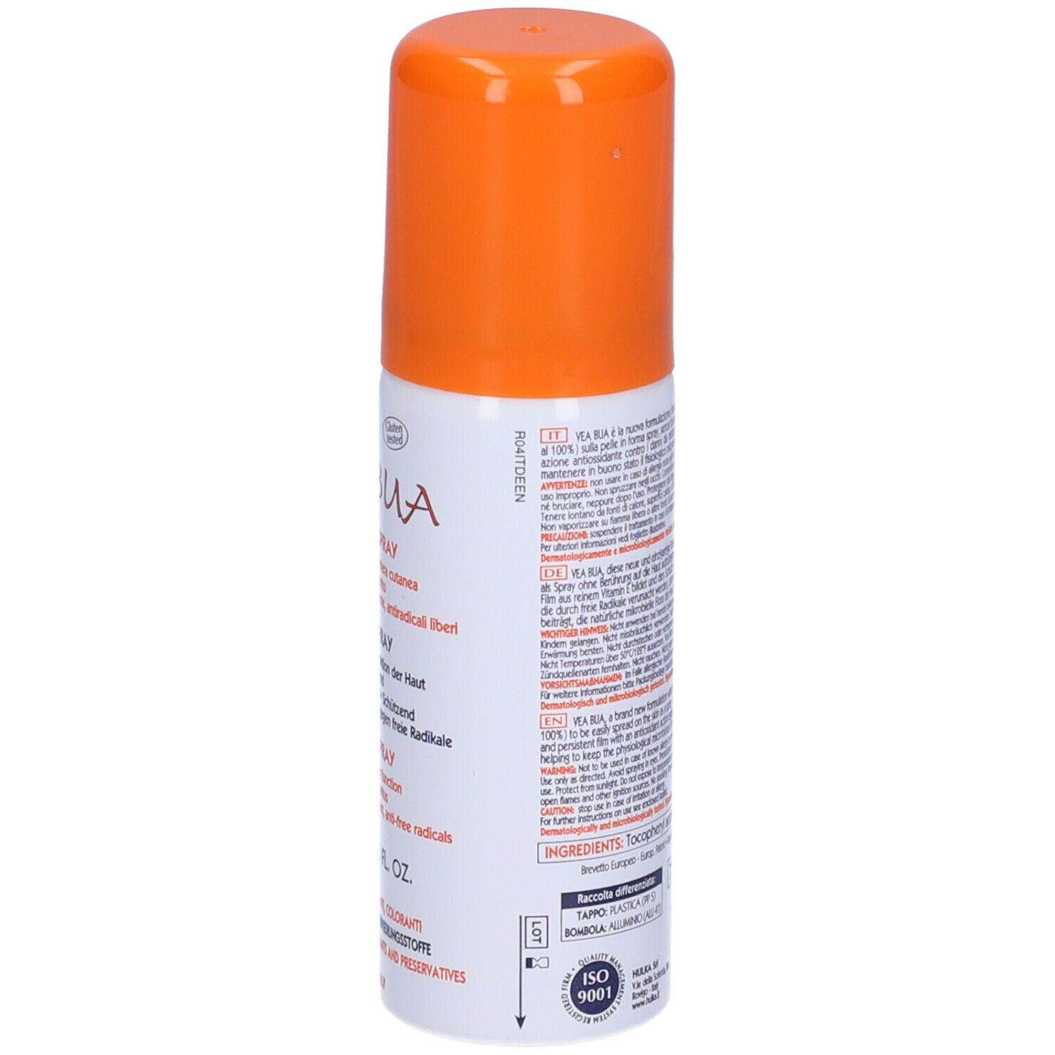 Retro dello spray VEA BUA Basisöl. Informazioni sul prodotto. Tappo arancione. ISO 9001.