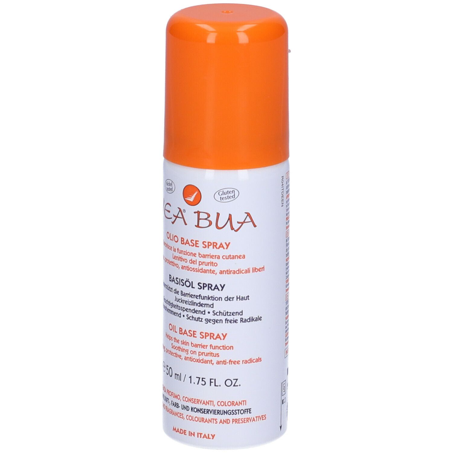 Spray VEA BUA Basisöl. Flacone con tappo arancione. Informazioni in più lingue. 50 ml.
