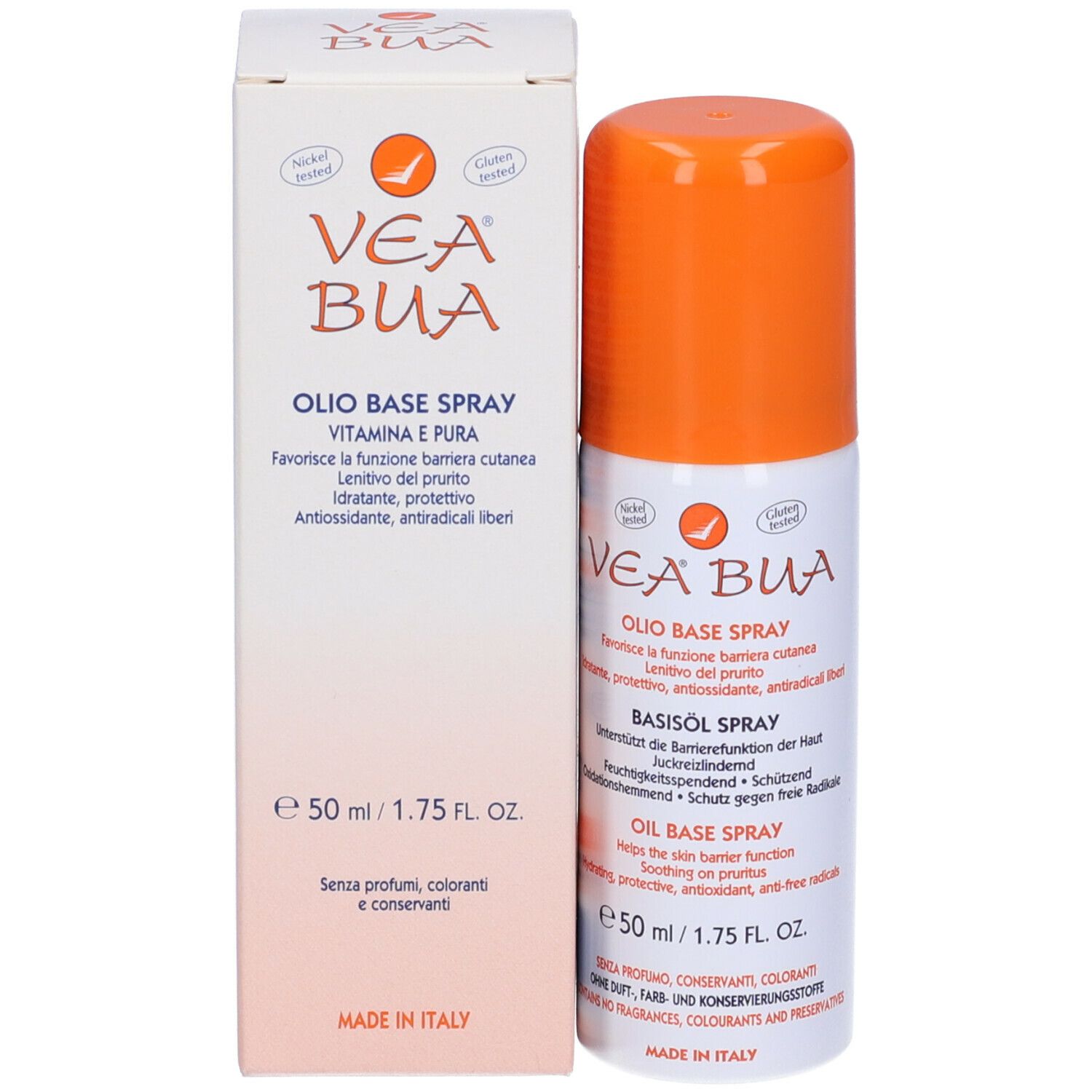 VEA BUA Basisöl Spray e confezione. Flacone con tappo arancione. 50 ml. Confezione con informazioni.