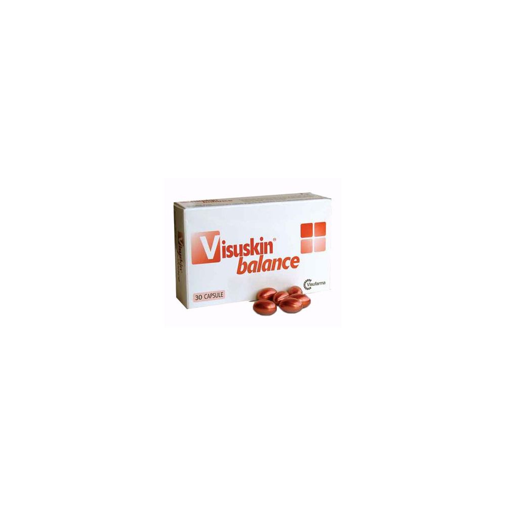 Scatola bianca con scritta rossa Visuskin balance e 30 capsule. Alcune capsule sono accanto.