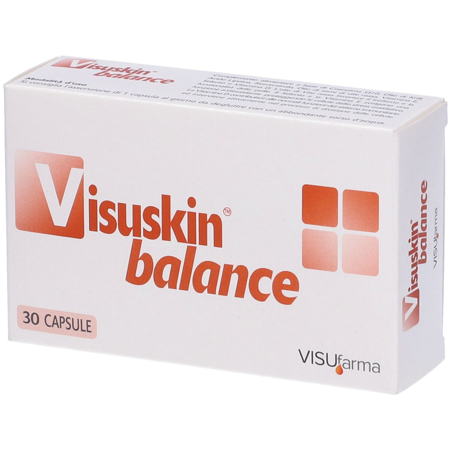 Scatola bianca con scritta rossa Visuskin balance, 30 capsule e logo VISUfarma. Vista prospettica.