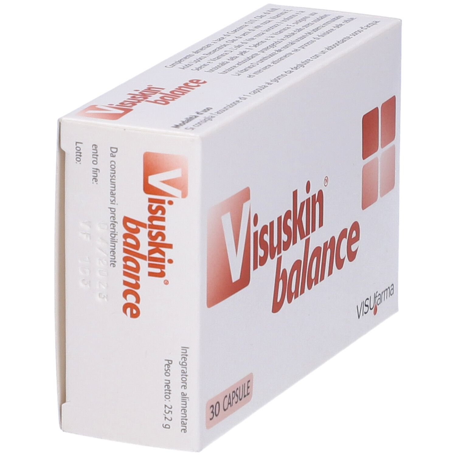 Scatola bianca con scritta rossa Visuskin balance, 30 capsule e logo VISUfarma. Vista obliqua.
