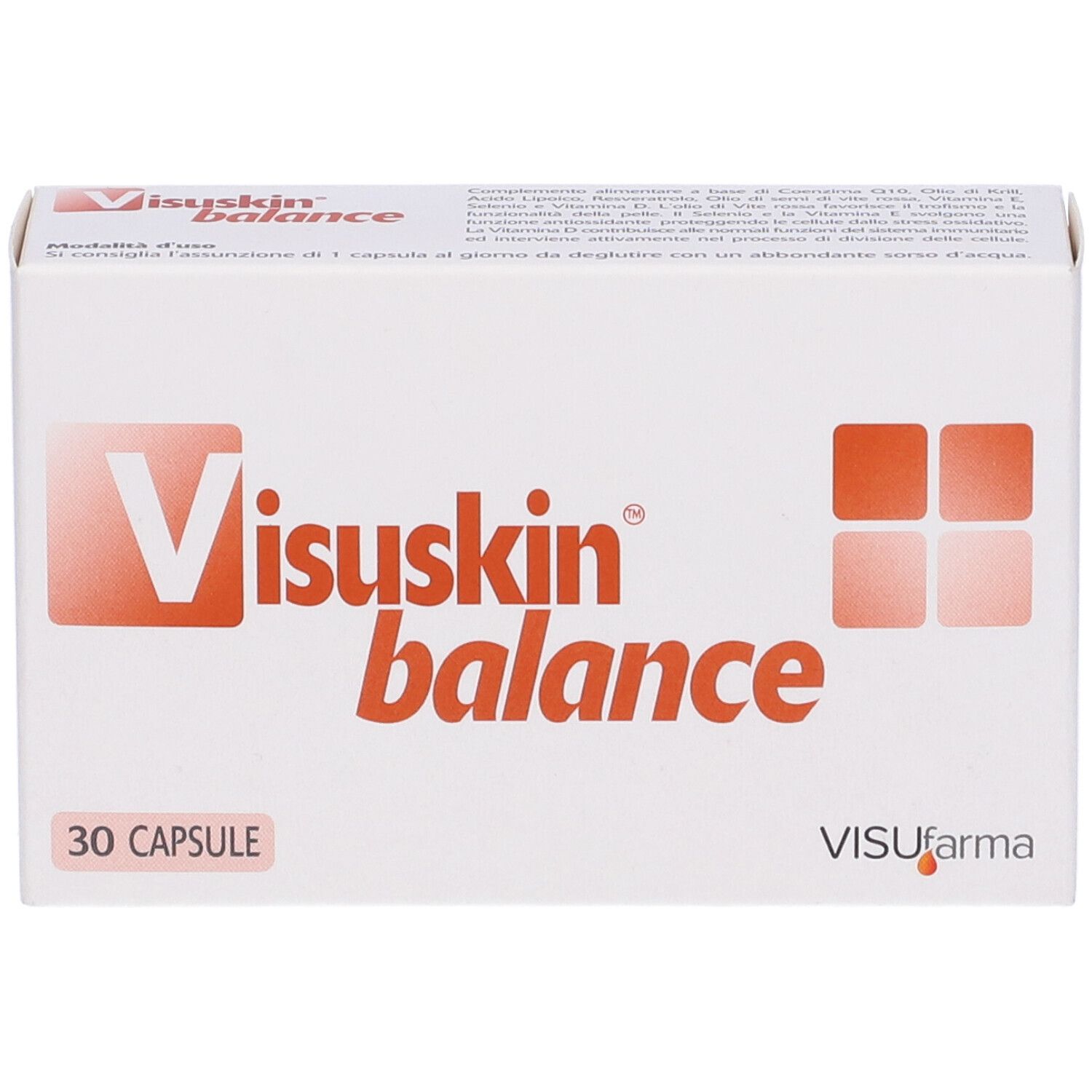 Scatola bianca con scritta rossa Visuskin balance, 30 capsule e logo VISUfarma. Vista frontale.